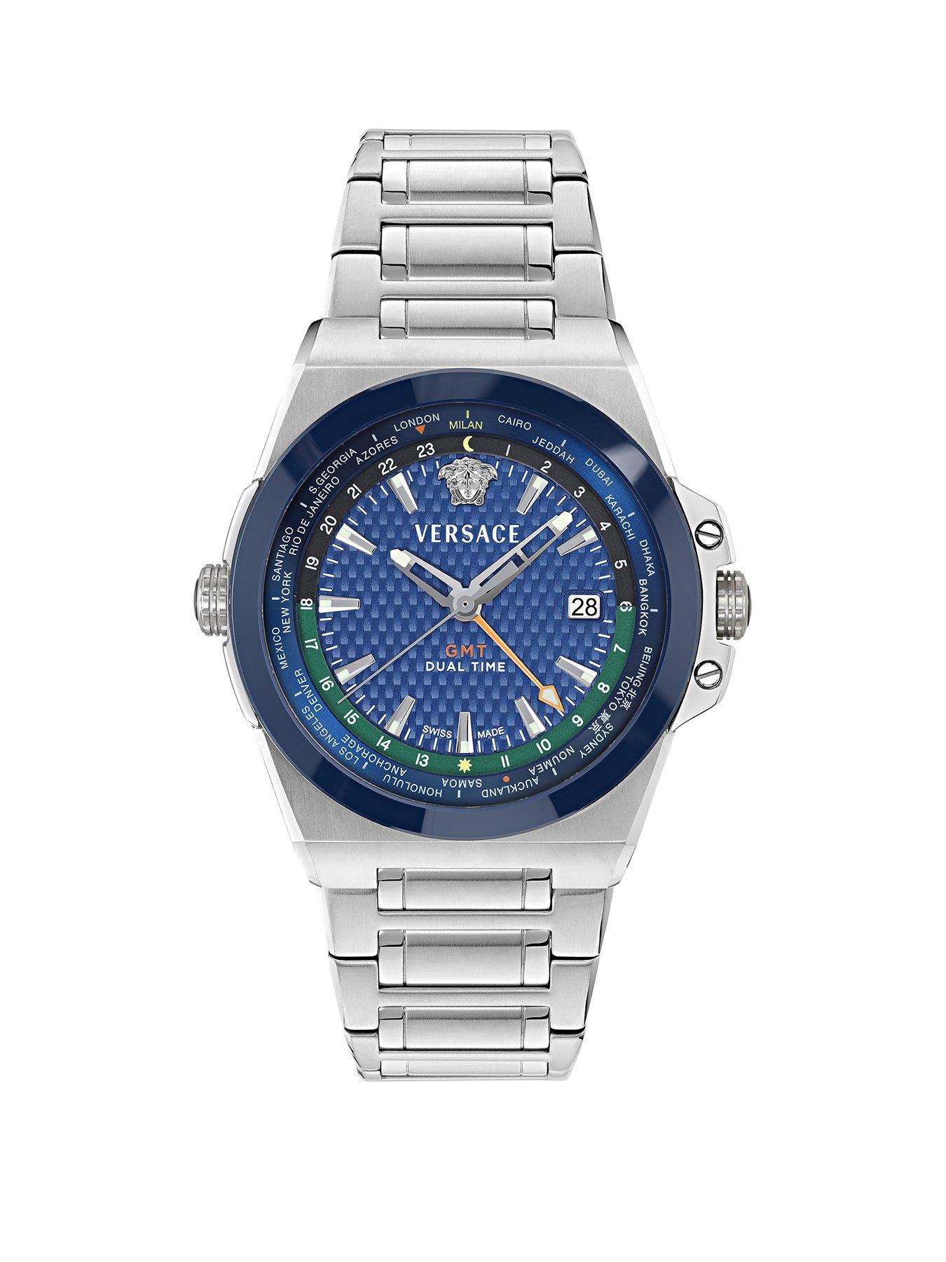 Versace Silver Tone Watch With Blue Dial And Silver Tone Bracelet