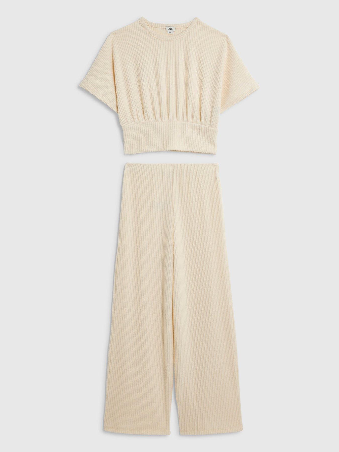 River Island Girls Ribbed Cinch Waist Wide Leg Set - Cream