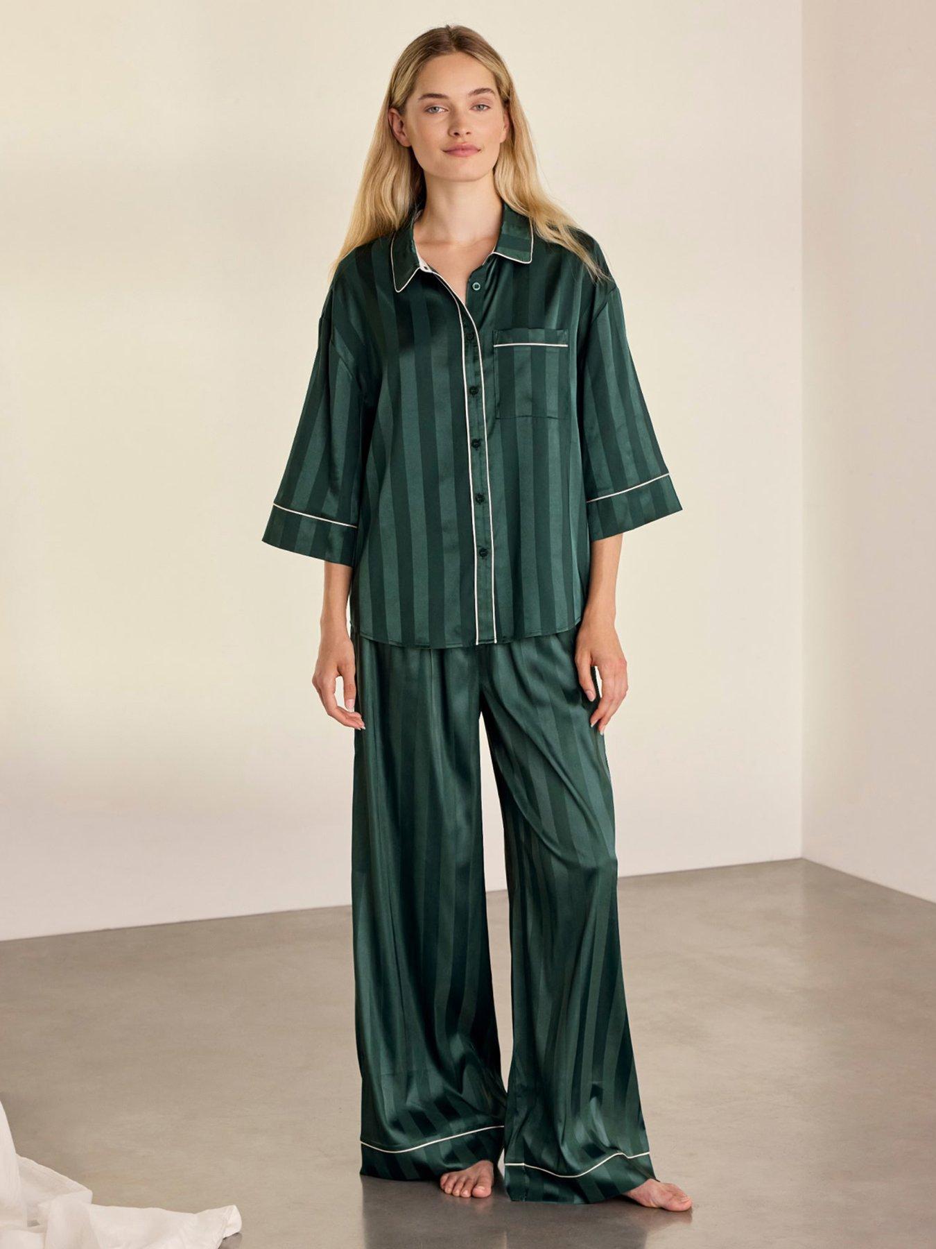 Image 1 of 7 of CHELSEA PEERS Chelsea Peers Satin Evergreen Stripe Long Pyjama Set - Green