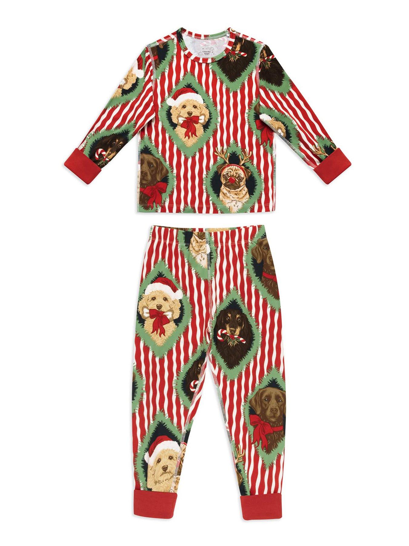 Image 2 of 7 of CHELSEA PEERS Chelsea Peers Kids Christmas Chip &amp; Friends Stripe Print Long Pyjama Set - Red
