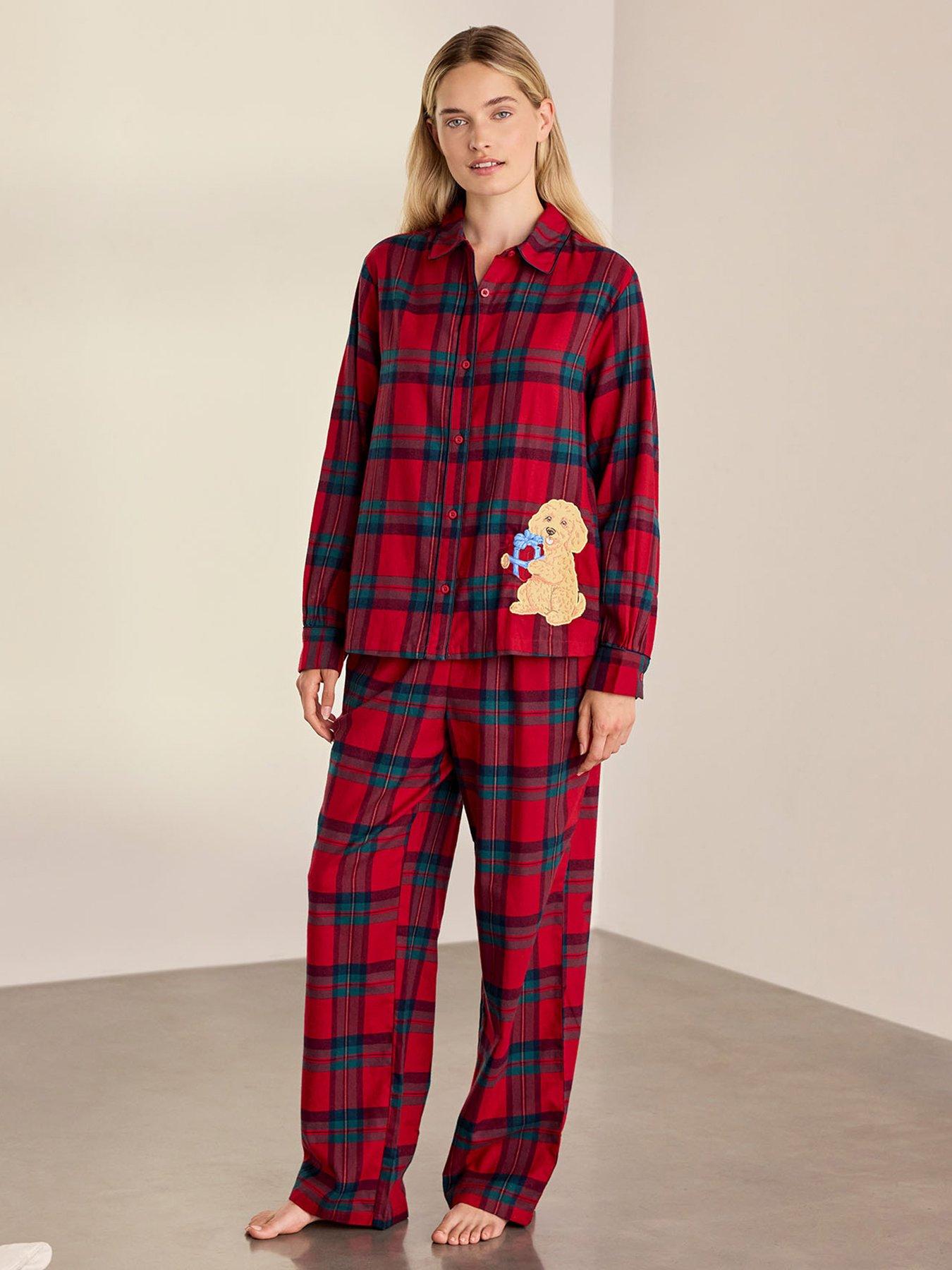 Image 1 of 6 of CHELSEA PEERS Womens Organic Cotton Embroidered Chip The Cockapoo Tartan Long Pyjama Set - Red