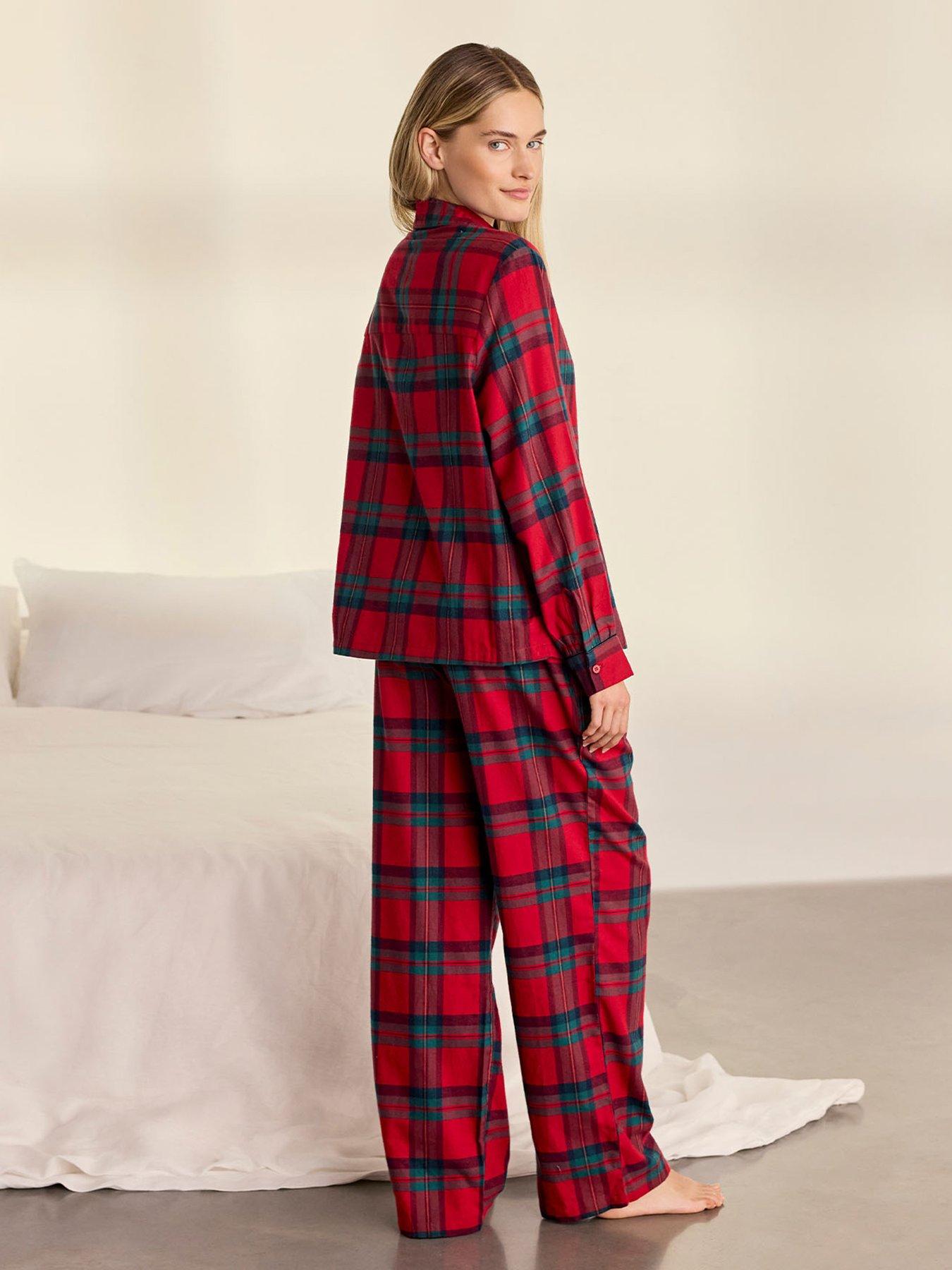 Image 2 of 6 of CHELSEA PEERS Womens Organic Cotton Embroidered Chip The Cockapoo Tartan Long Pyjama Set - Red