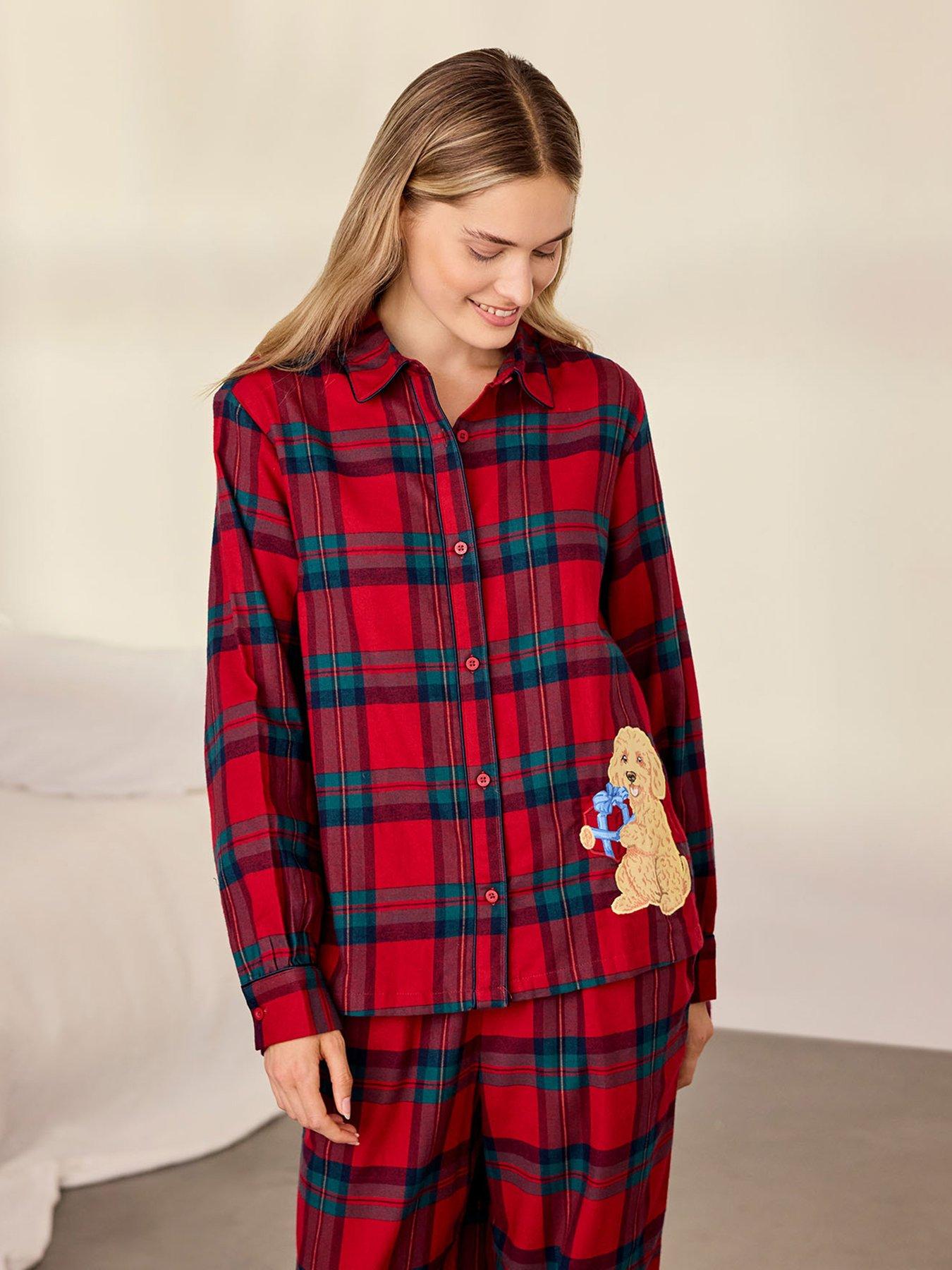 Image 3 of 6 of CHELSEA PEERS Womens Organic Cotton Embroidered Chip The Cockapoo Tartan Long Pyjama Set - Red