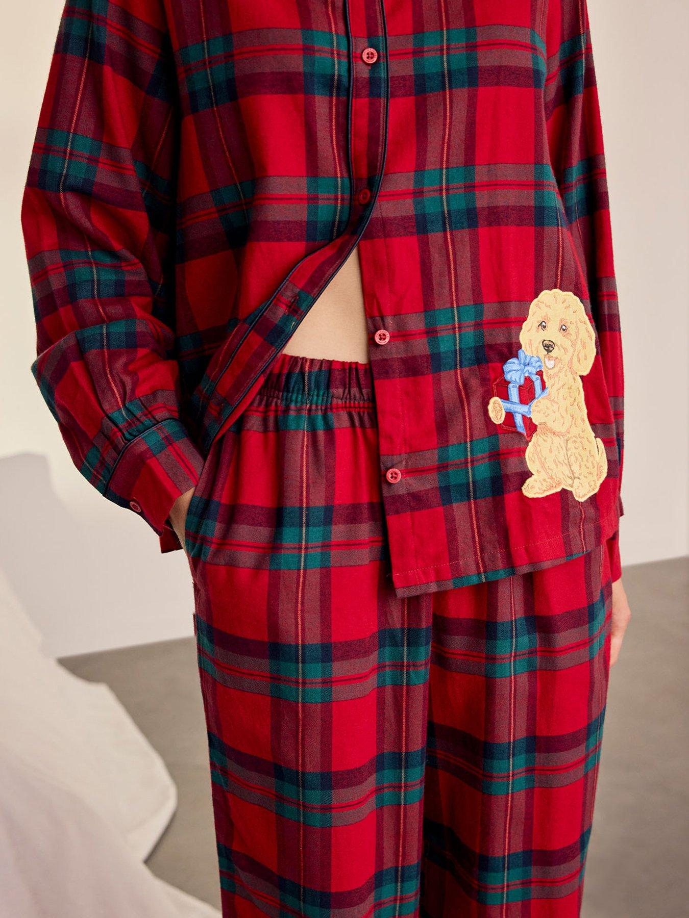 Image 4 of 6 of CHELSEA PEERS Womens Organic Cotton Embroidered Chip The Cockapoo Tartan Long Pyjama Set - Red