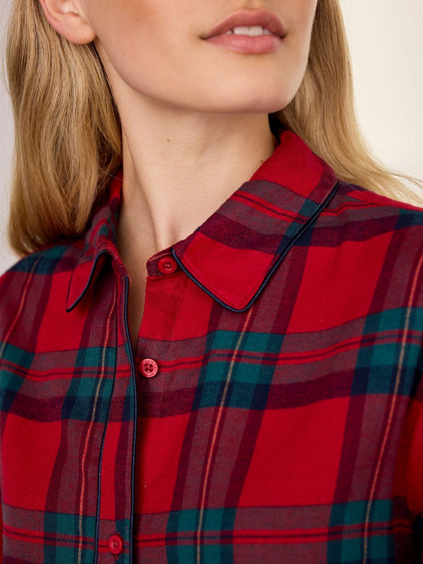 Image 6 of 6 of CHELSEA PEERS Womens Organic Cotton Embroidered Chip The Cockapoo Tartan Long Pyjama Set - Red