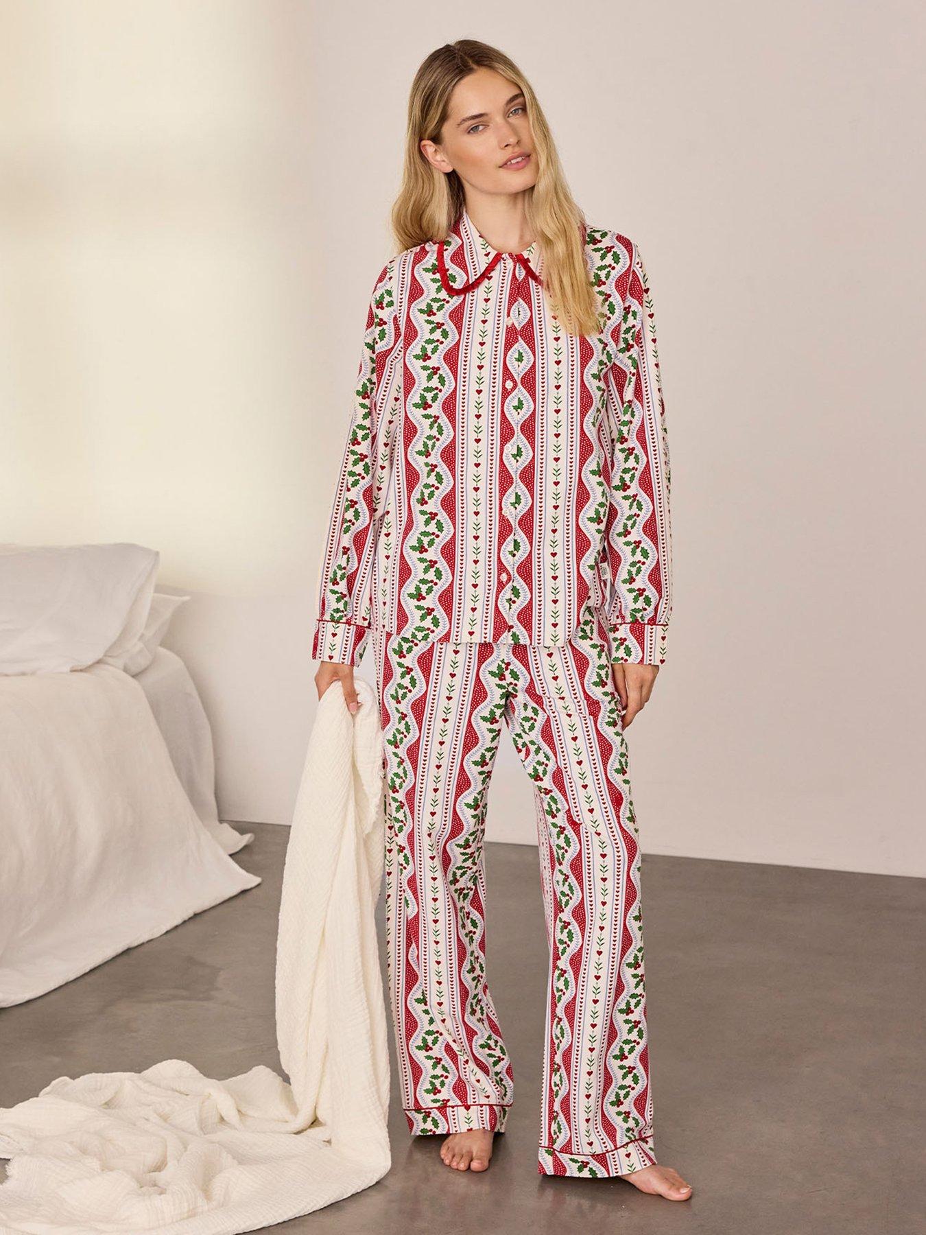 Image 1 of 6 of CHELSEA PEERS Womens Christmas Garland Holly Stripe Print Button-Through Pyjama Set - Red