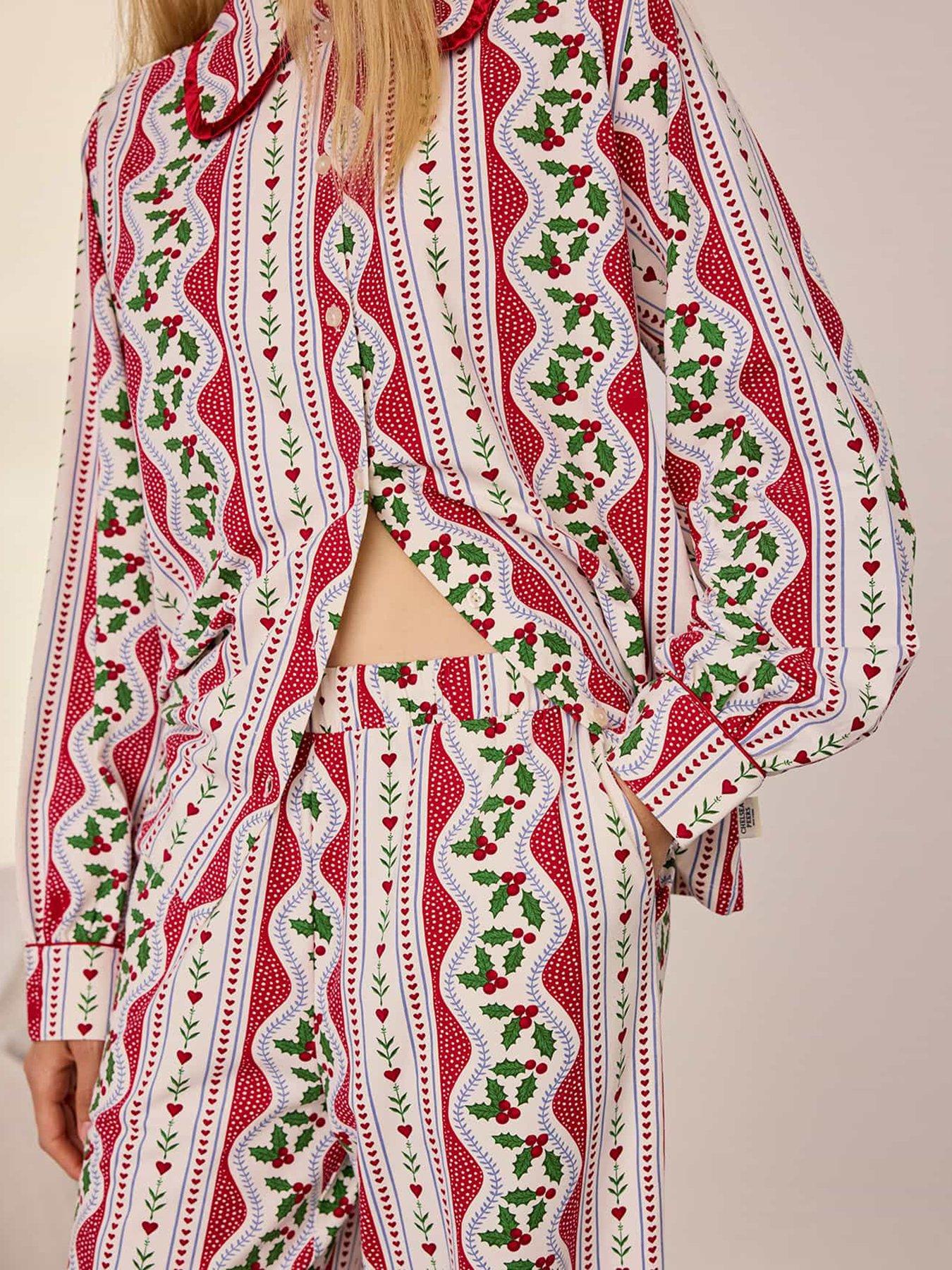 Image 4 of 6 of CHELSEA PEERS Womens Christmas Garland Holly Stripe Print Button-Through Pyjama Set - Red