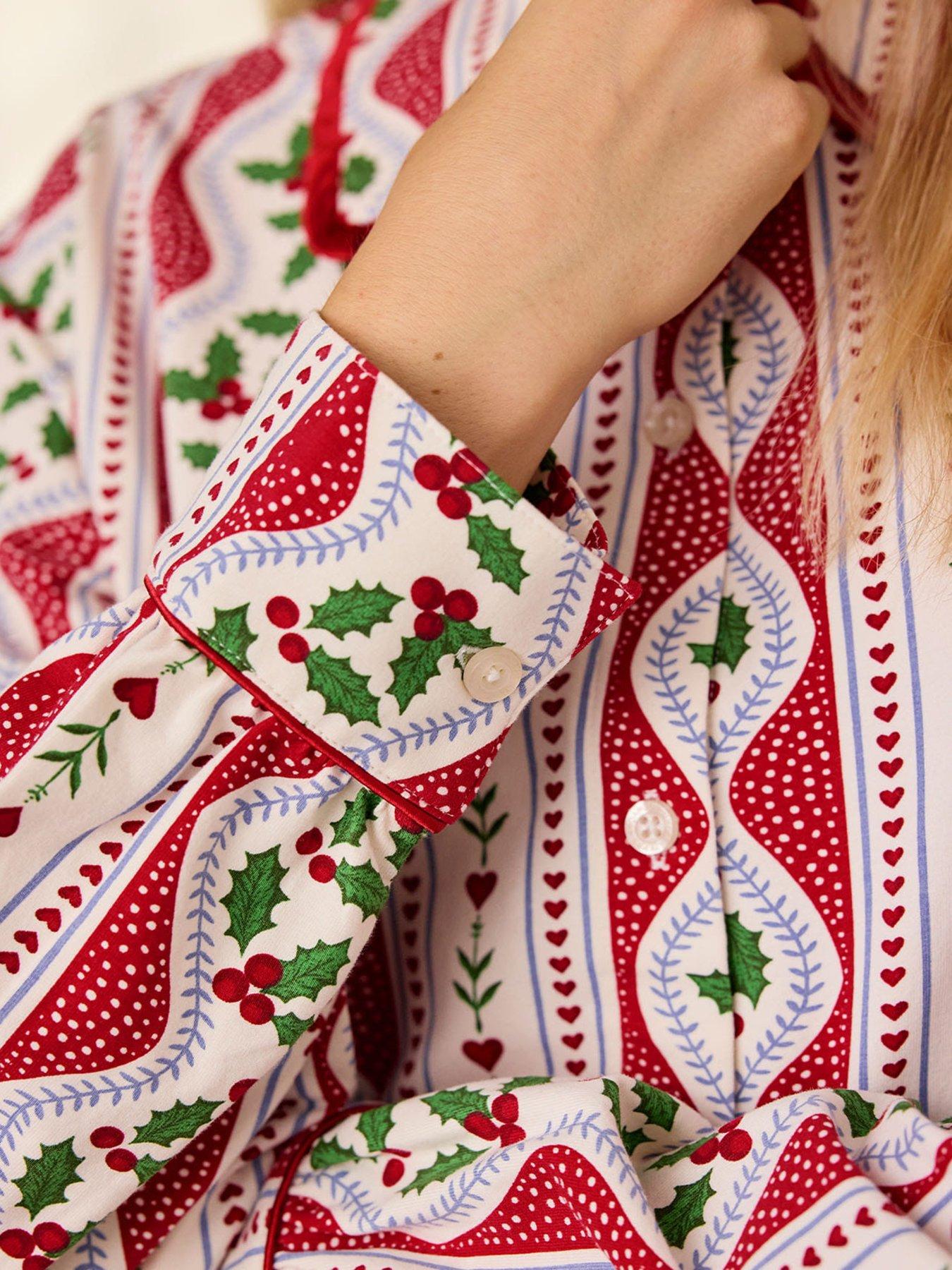 Image 5 of 6 of CHELSEA PEERS Womens Christmas Garland Holly Stripe Print Button-Through Pyjama Set - Red