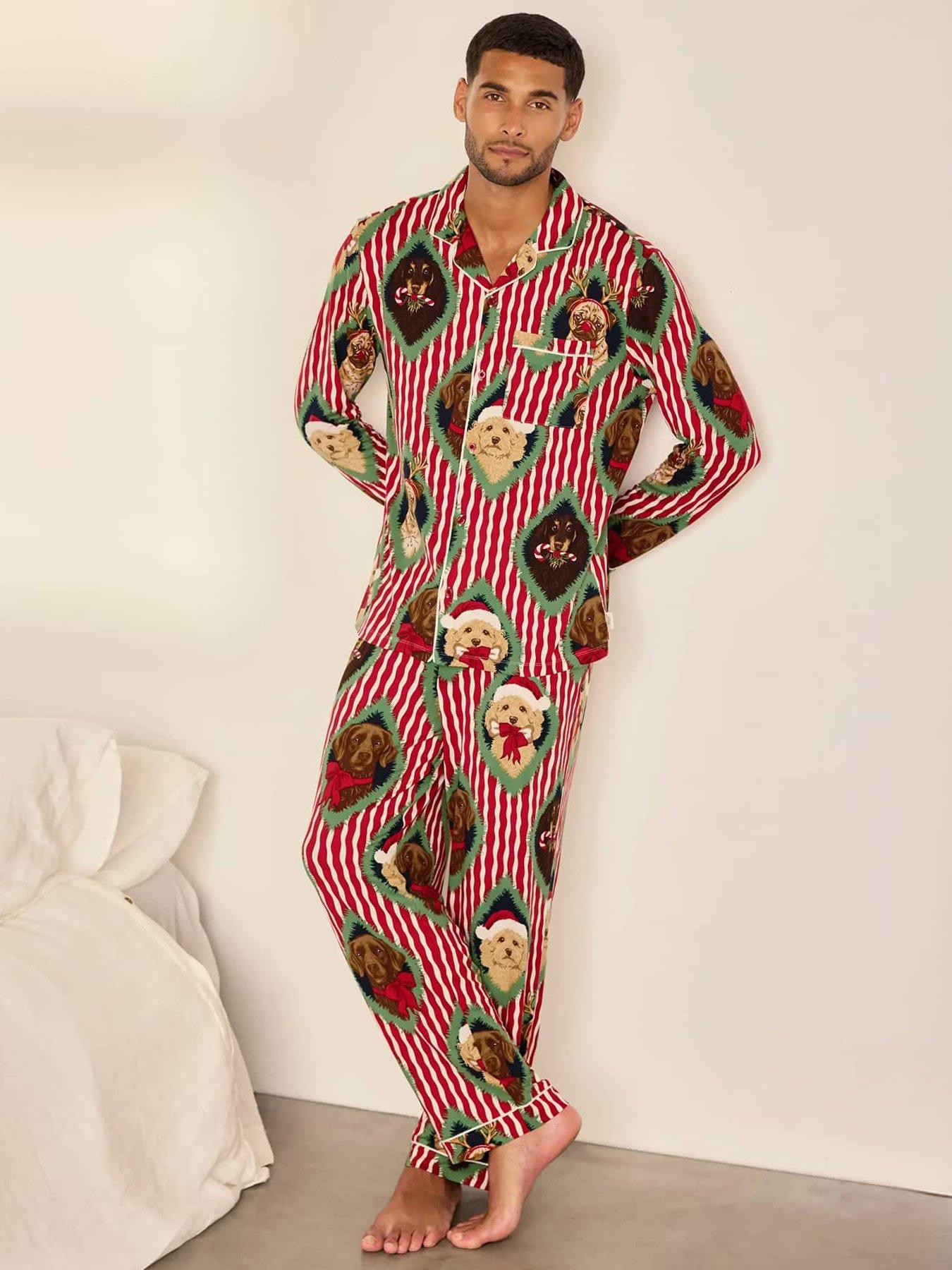 Image 1 of 7 of CHELSEA PEERS Chelsea Peers Men's Christmas Chip &amp; Friends Stripe Print Long Pyjama Set - Red
