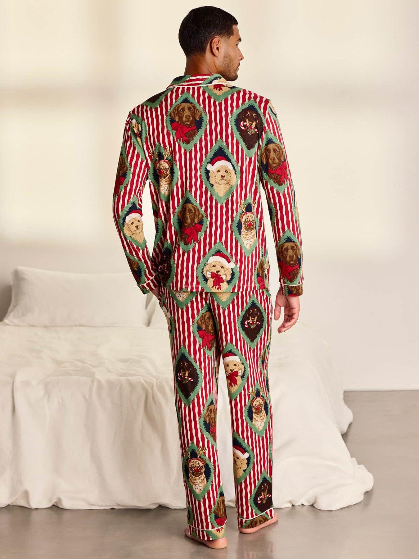 Image 2 of 7 of CHELSEA PEERS Chelsea Peers Men's Christmas Chip &amp; Friends Stripe Print Long Pyjama Set - Red