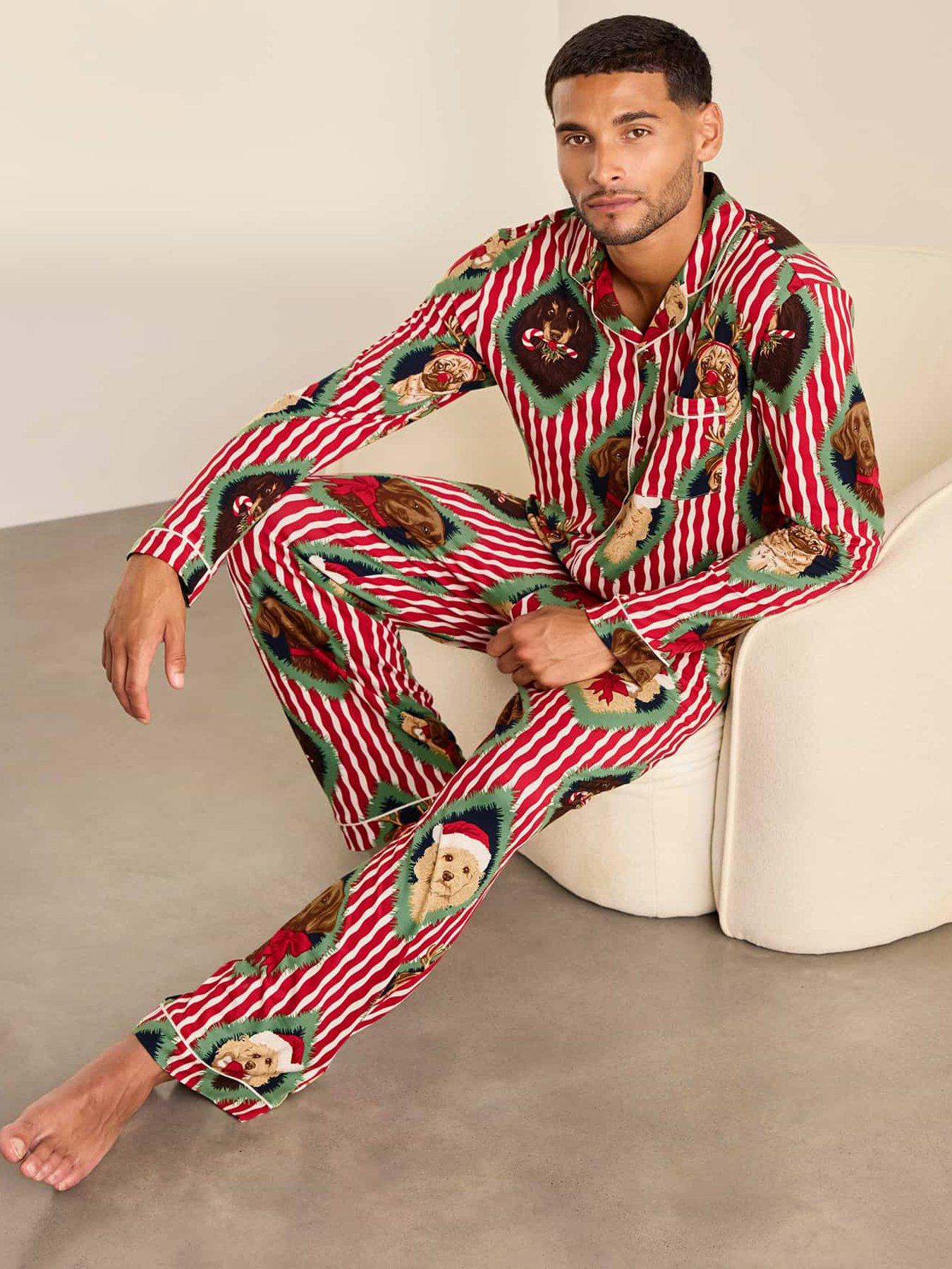 Image 3 of 7 of CHELSEA PEERS Chelsea Peers Men's Christmas Chip &amp; Friends Stripe Print Long Pyjama Set - Red