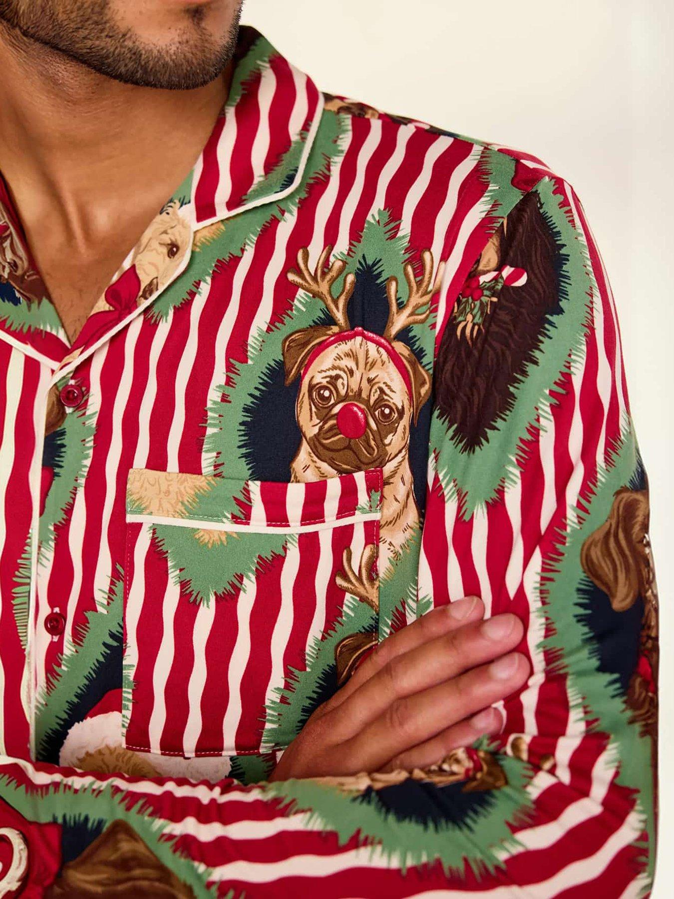 Image 4 of 7 of CHELSEA PEERS Chelsea Peers Men's Christmas Chip &amp; Friends Stripe Print Long Pyjama Set - Red