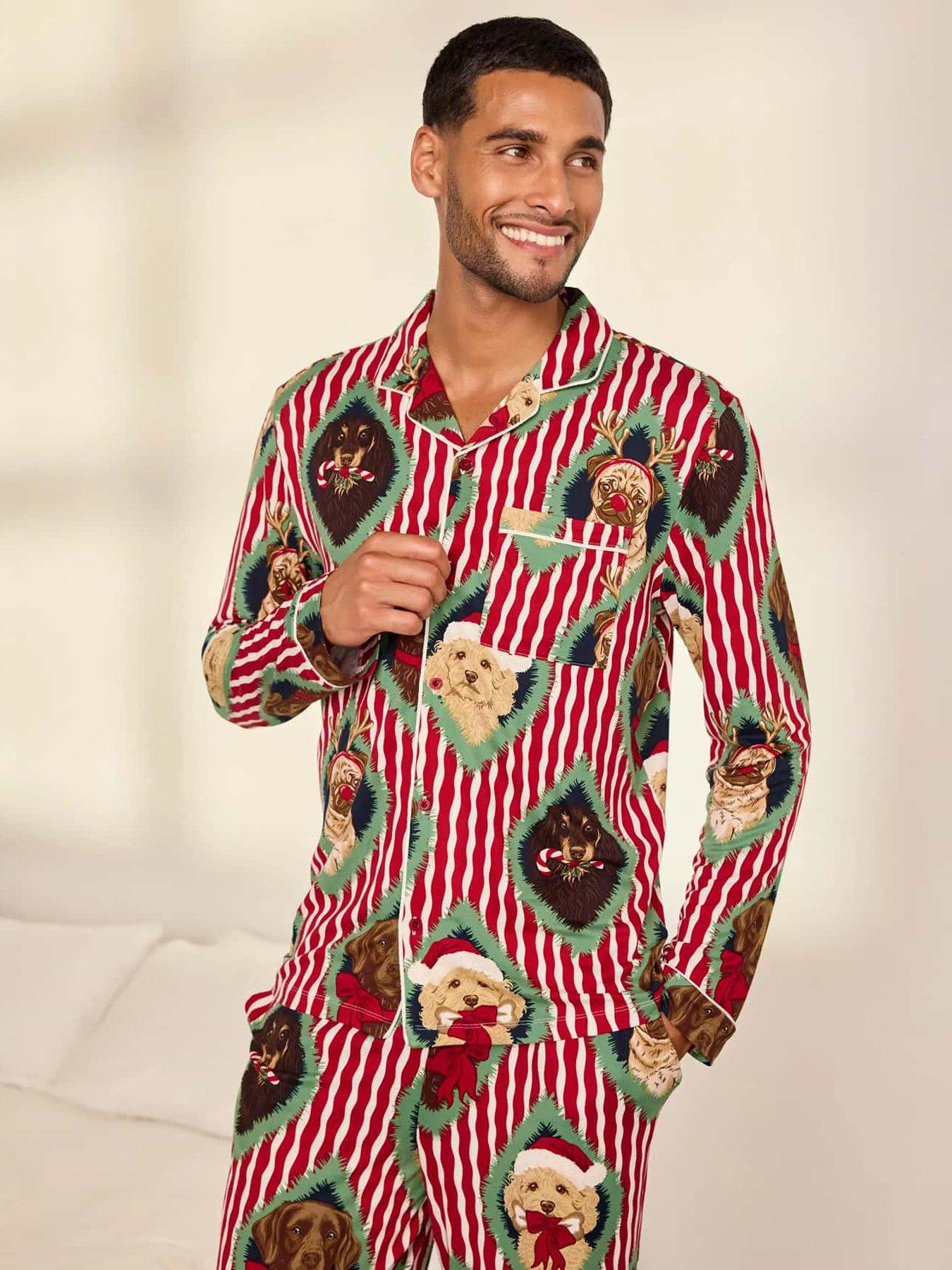 Image 5 of 7 of CHELSEA PEERS Chelsea Peers Men's Christmas Chip &amp; Friends Stripe Print Long Pyjama Set - Red