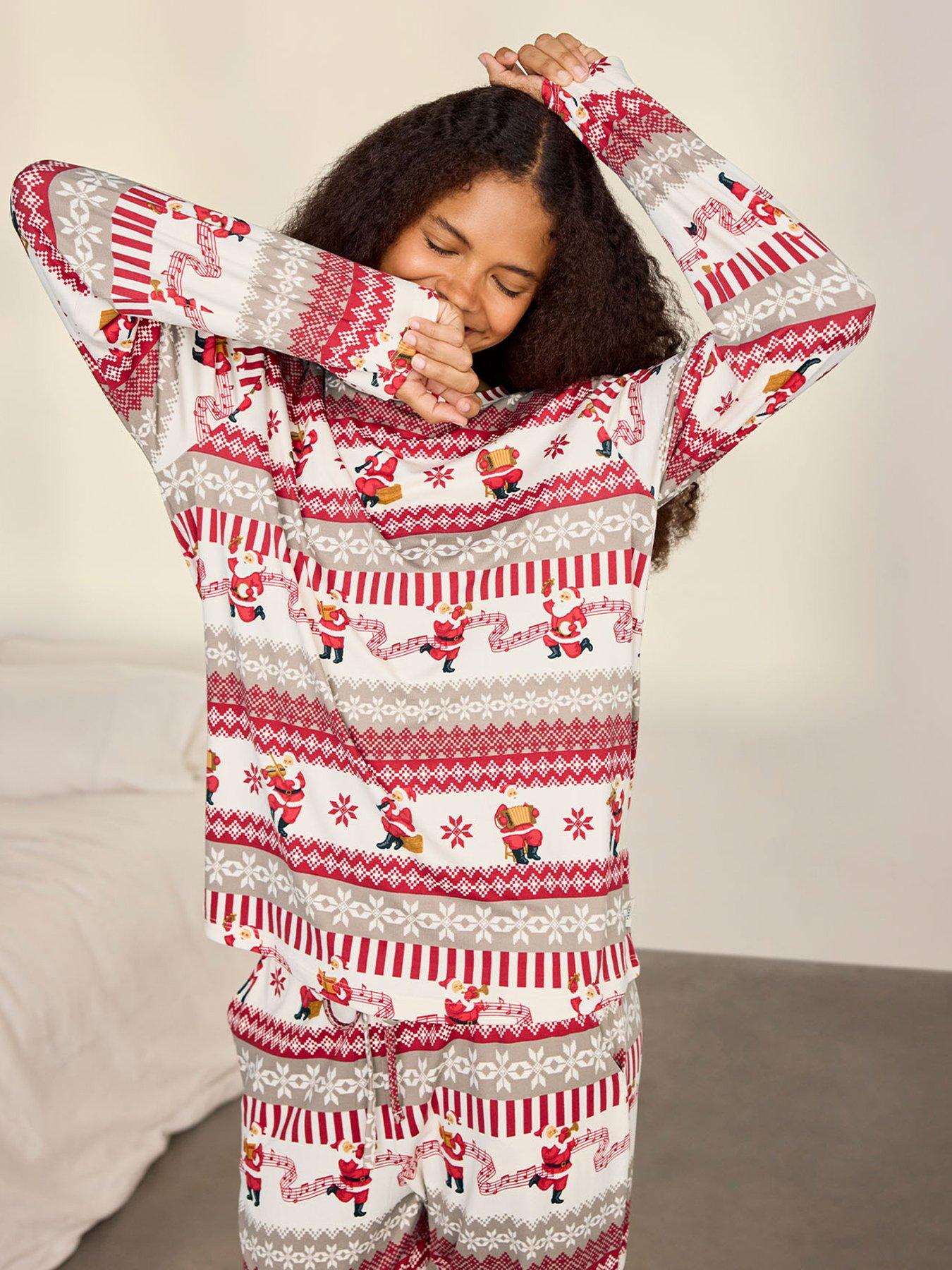 Image 3 of 6 of CHELSEA PEERS Womens Christmas Musical Santa Fair Isle Print Long Pyjama Set - White