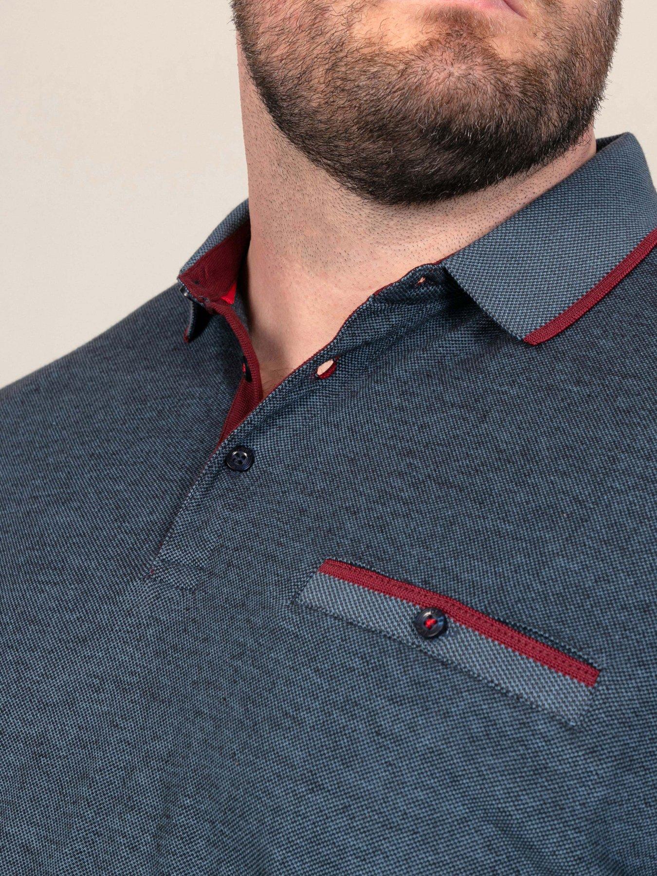 Image 4 of 7 of D555 D555 Navy Pique Polo With Jacquard Collar And Cuffs With Chest Pocket