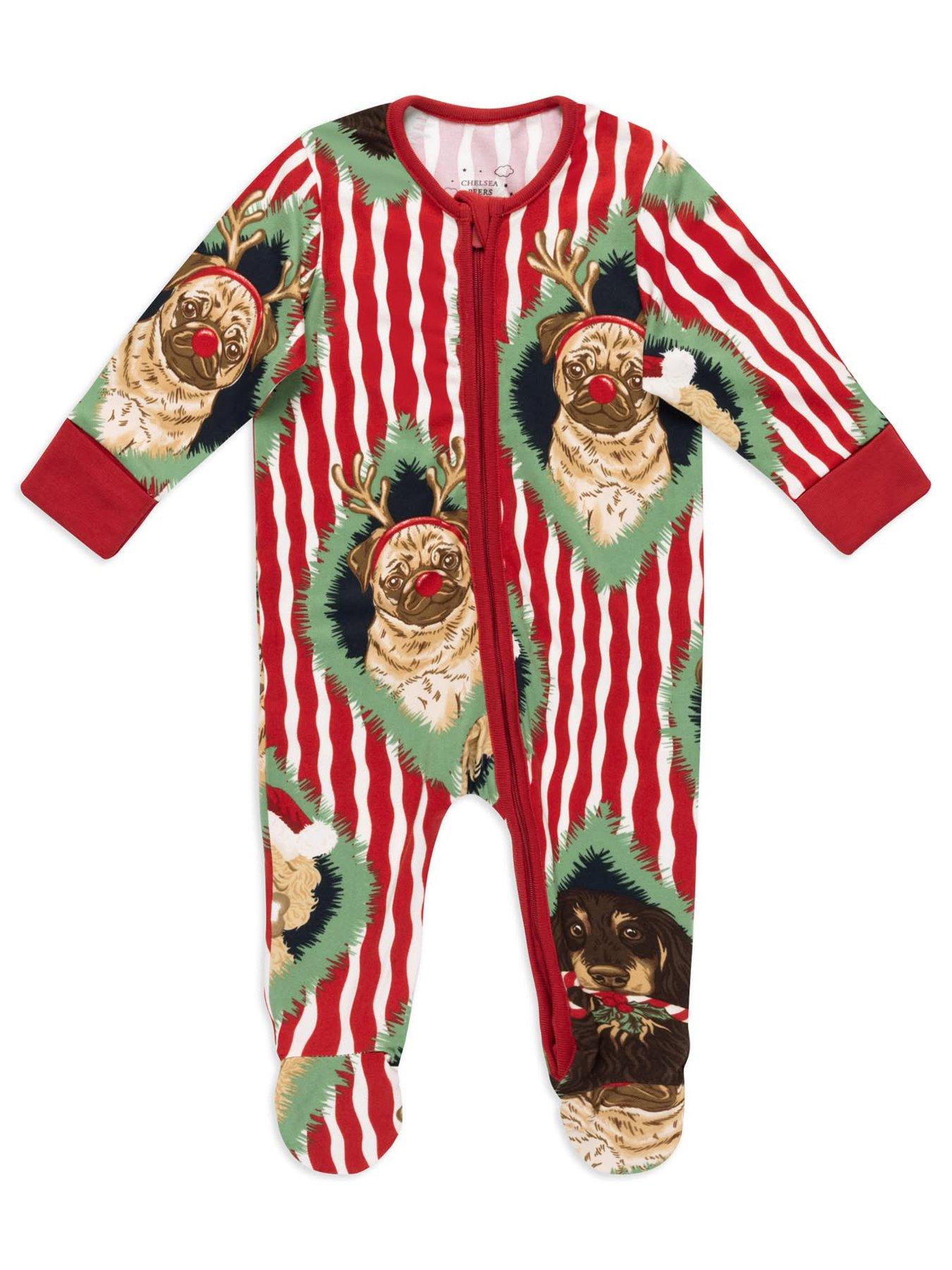 Image 1 of 2 of CHELSEA PEERS Chelsea Peers Baby Christmas Chip &amp; Friends Stripe Print Sleepsuit - Red
