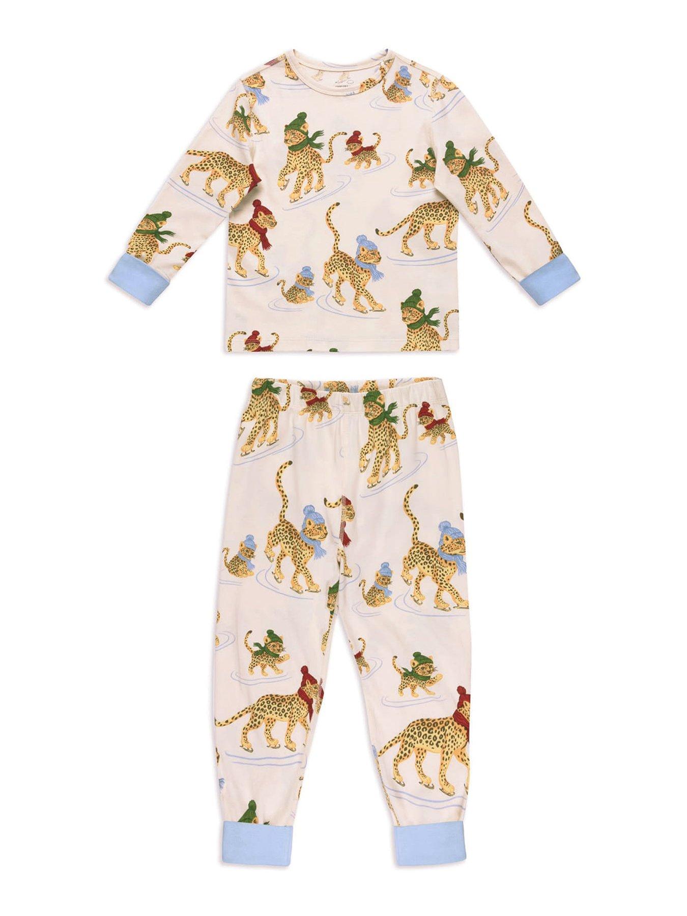 Image 1 of 3 of CHELSEA PEERS Chelsea Peers Kids Organic Cotton Ice Skating Leopards Print Long Pyjama Set - Off White