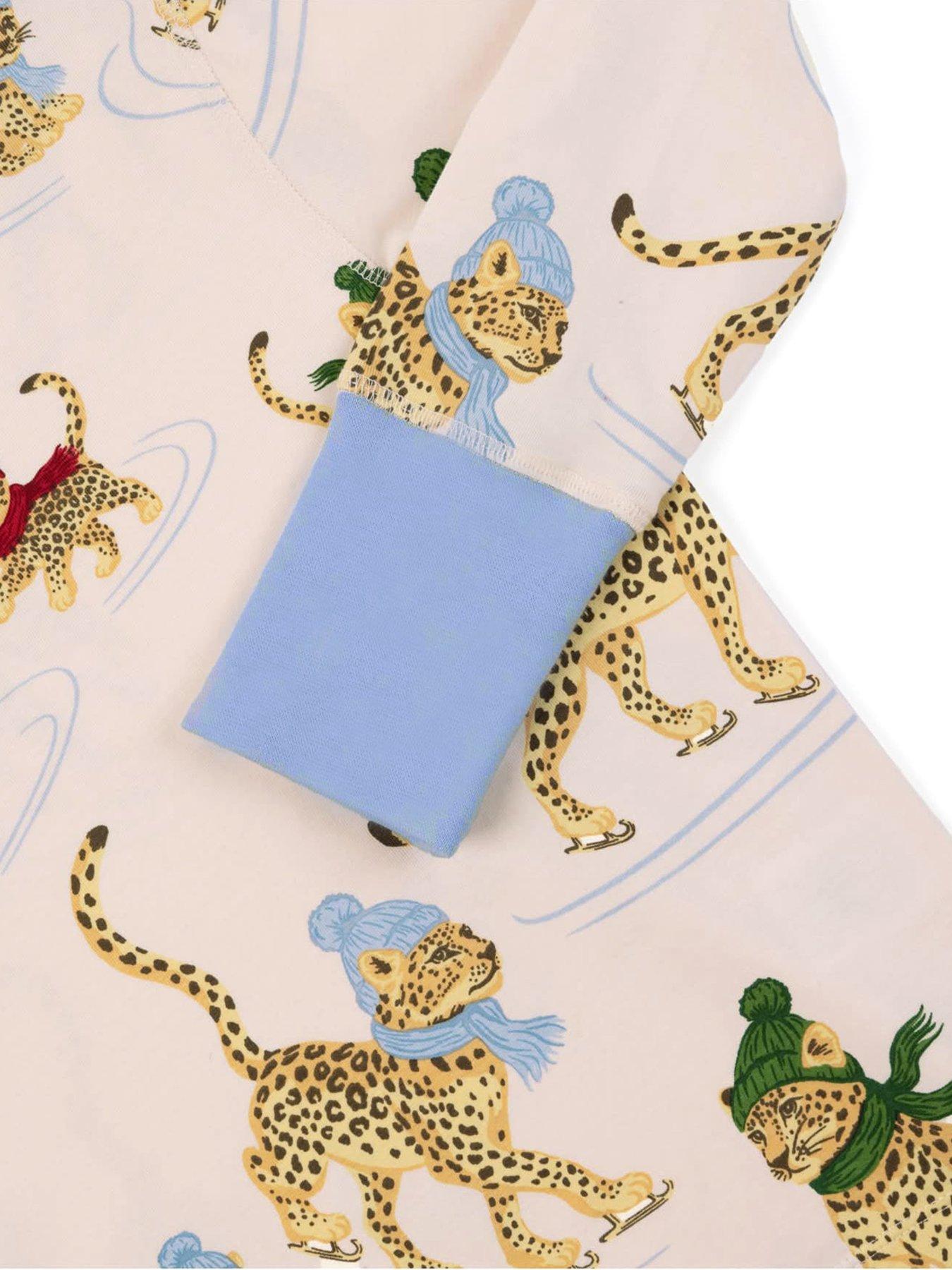 Image 2 of 3 of CHELSEA PEERS Chelsea Peers Kids Organic Cotton Ice Skating Leopards Print Long Pyjama Set - Off White