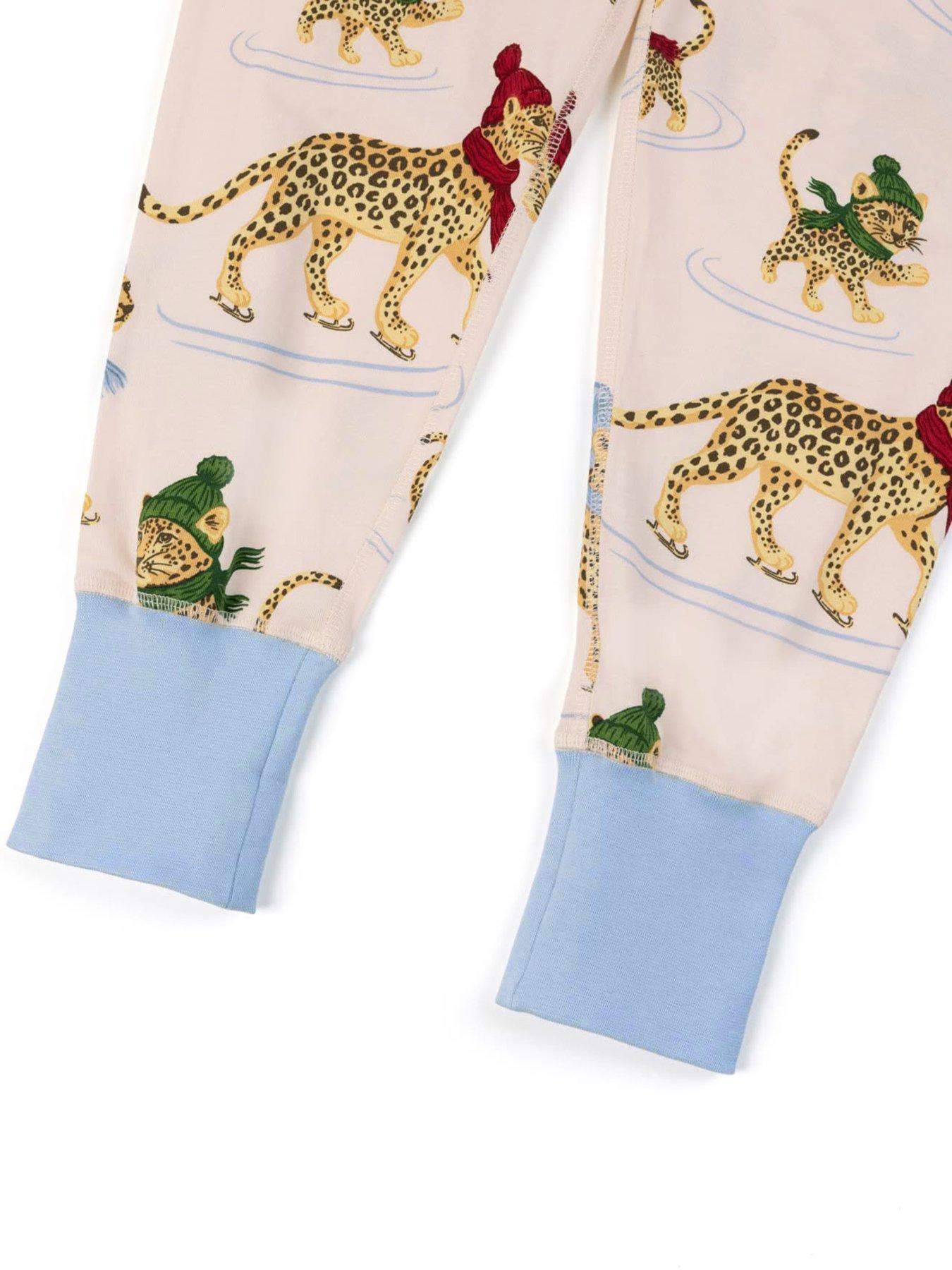 Image 3 of 3 of CHELSEA PEERS Chelsea Peers Kids Organic Cotton Ice Skating Leopards Print Long Pyjama Set - Off White