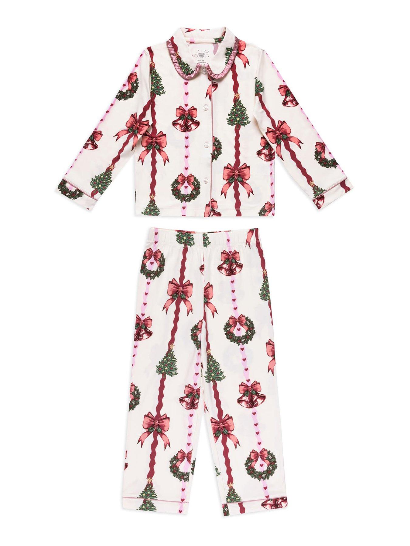 Image 2 of 7 of CHELSEA PEERS Chelsea Peers Kids Christmas Ribbon Stripe Print Long Pyjama Set - Off White