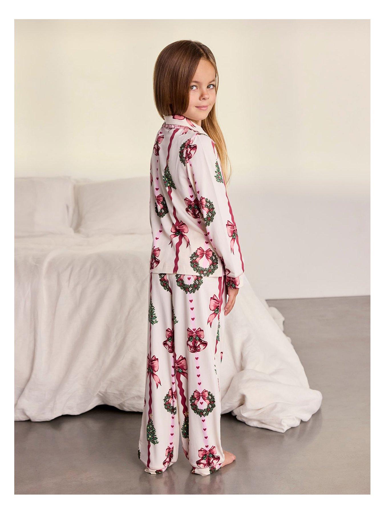 Image 3 of 7 of CHELSEA PEERS Chelsea Peers Kids Christmas Ribbon Stripe Print Long Pyjama Set - Off White
