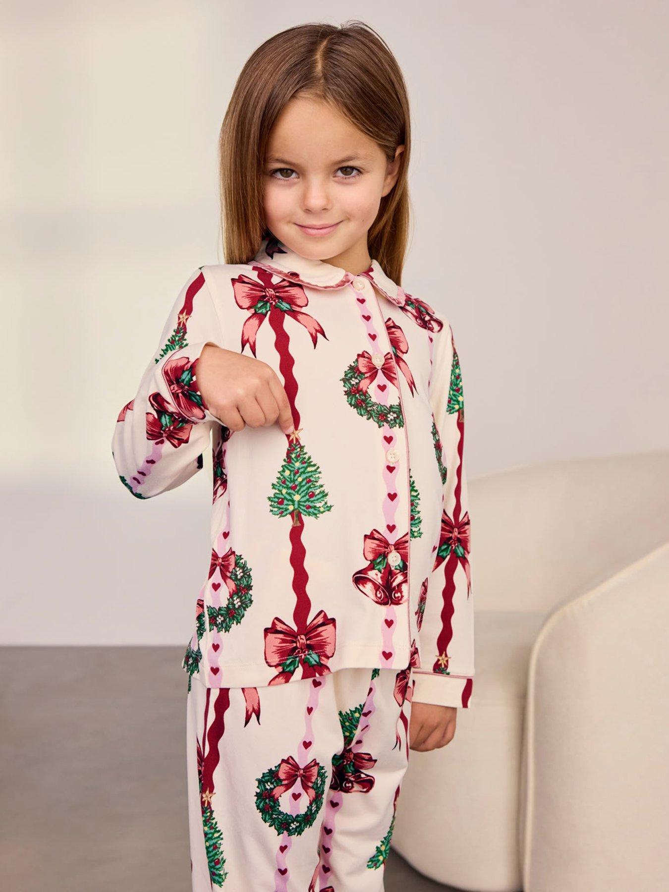 Image 4 of 7 of CHELSEA PEERS Chelsea Peers Kids Christmas Ribbon Stripe Print Long Pyjama Set - Off White