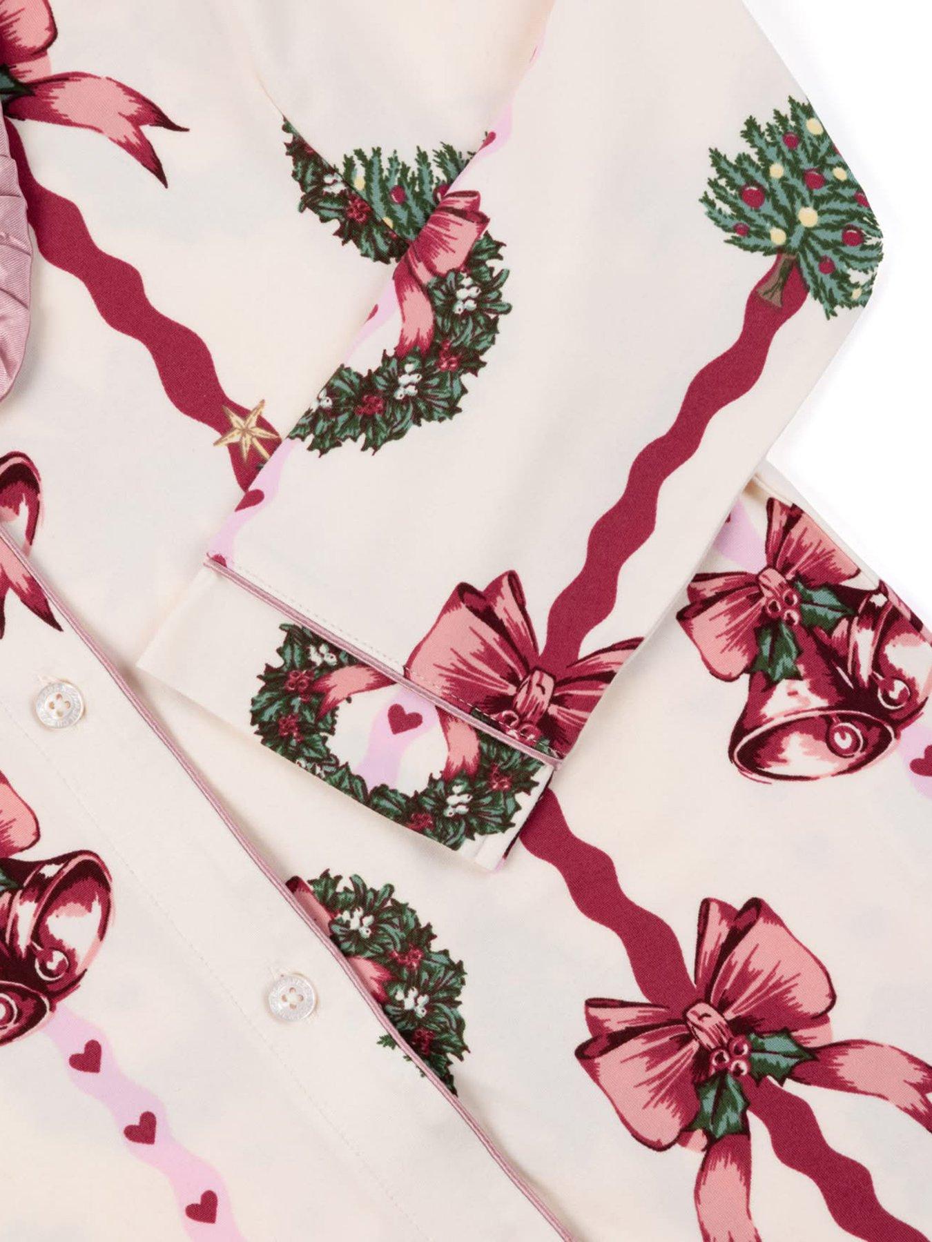 Image 6 of 7 of CHELSEA PEERS Chelsea Peers Kids Christmas Ribbon Stripe Print Long Pyjama Set - Off White