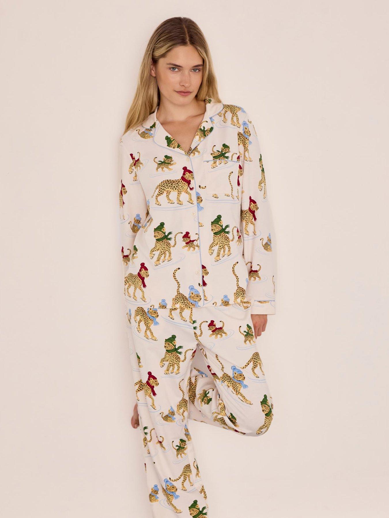 Image 5 of 6 of CHELSEA PEERS Womens Ice Skating Leopards Print Long Pyjama Set - White