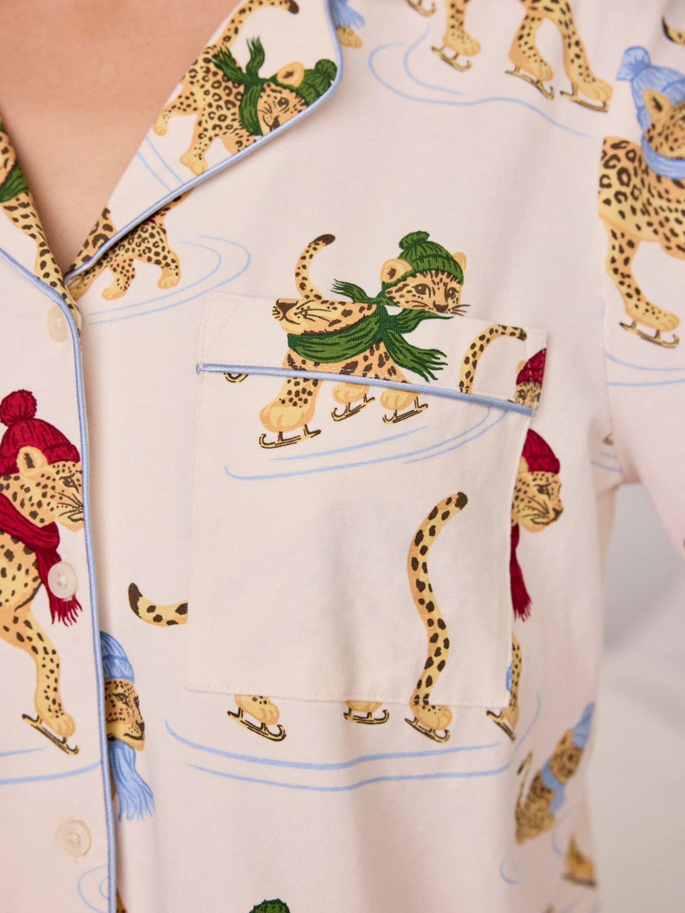 Image 6 of 6 of CHELSEA PEERS Womens Ice Skating Leopards Print Long Pyjama Set - White