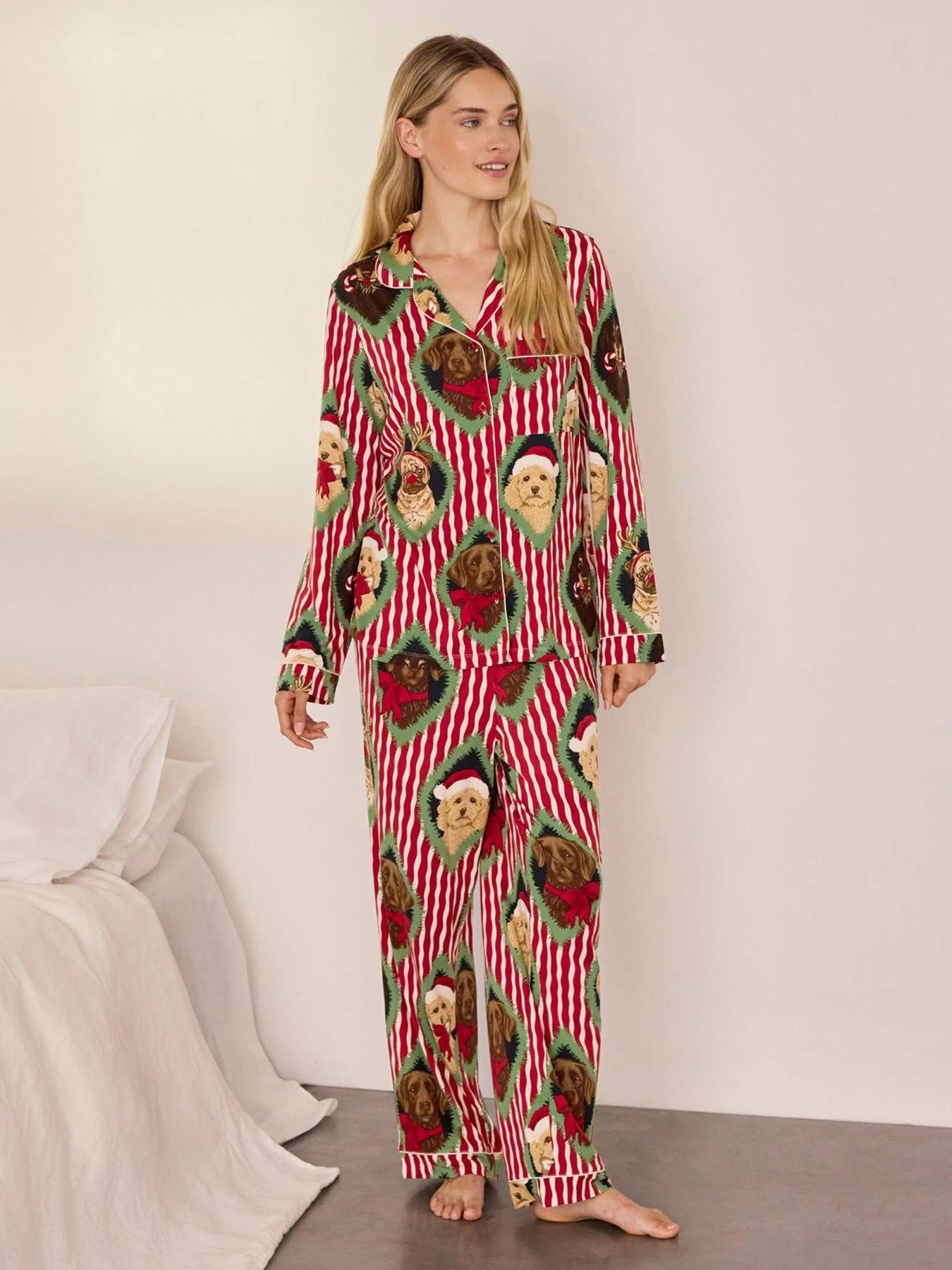 Image 1 of 6 of CHELSEA PEERS Womens Christmas Chip &amp; Friends Stripe Print Long Pyjama Set - Red
