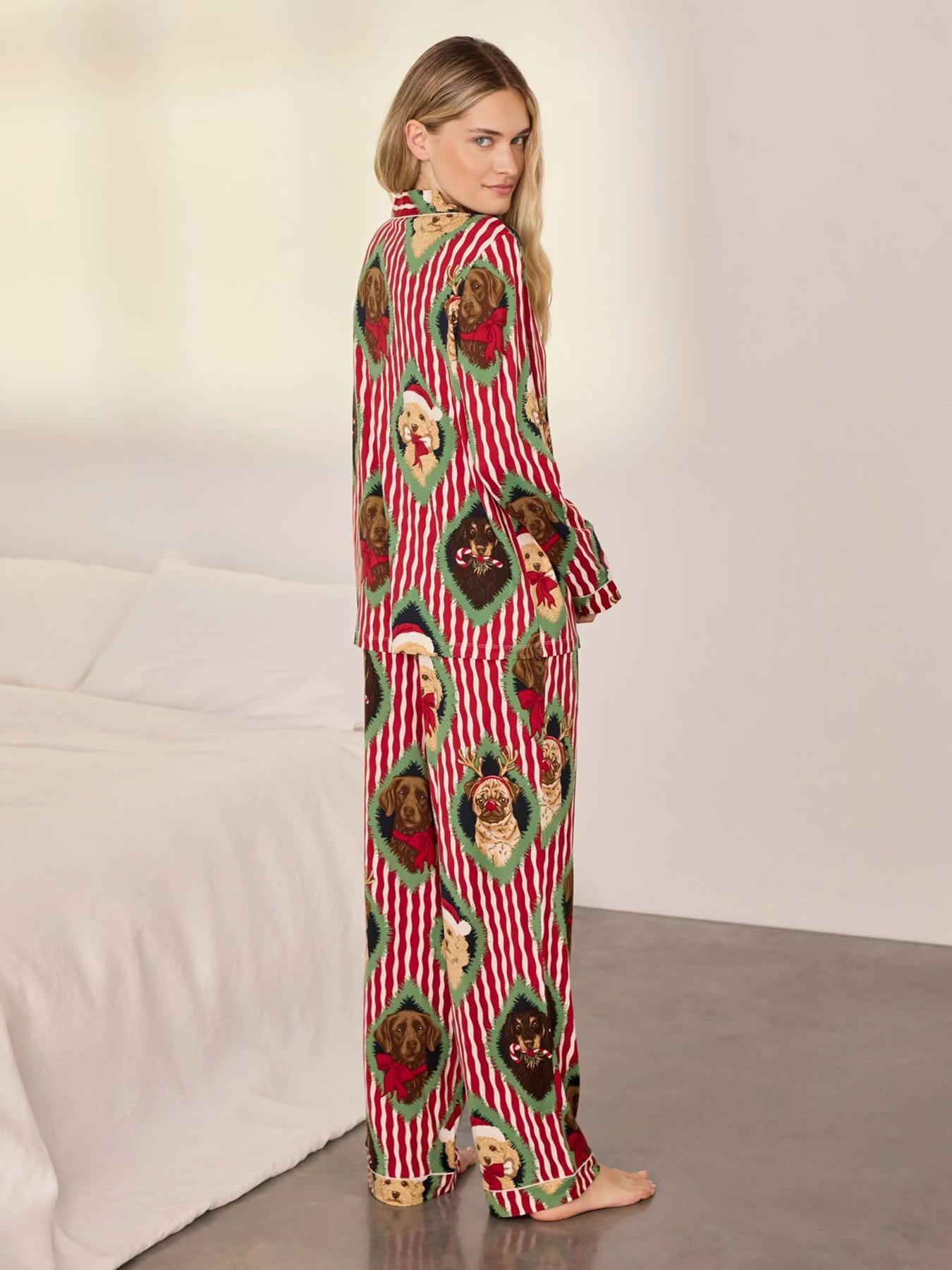 Image 2 of 6 of CHELSEA PEERS Womens Christmas Chip &amp; Friends Stripe Print Long Pyjama Set - Red