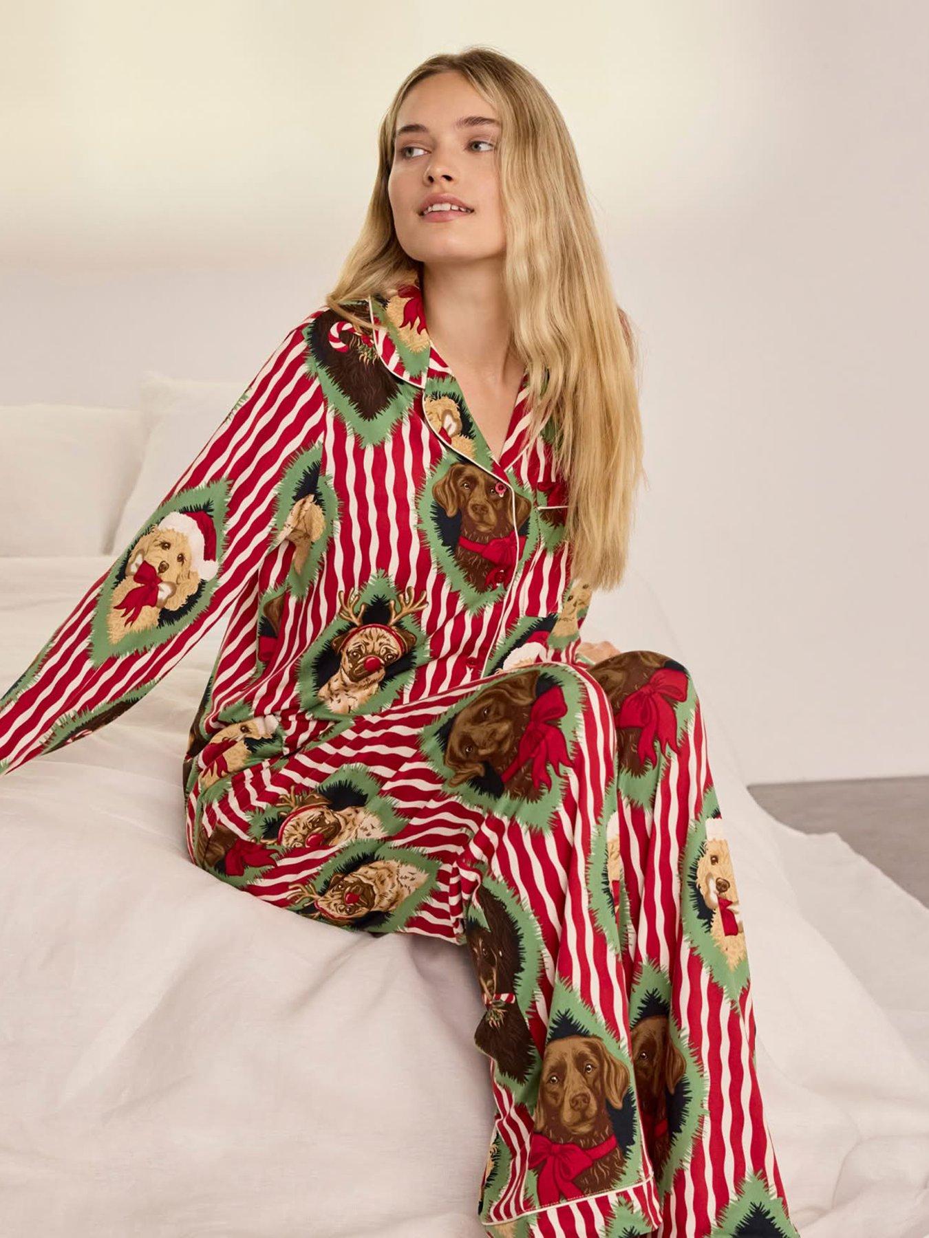 Image 3 of 6 of CHELSEA PEERS Womens Christmas Chip &amp; Friends Stripe Print Long Pyjama Set - Red