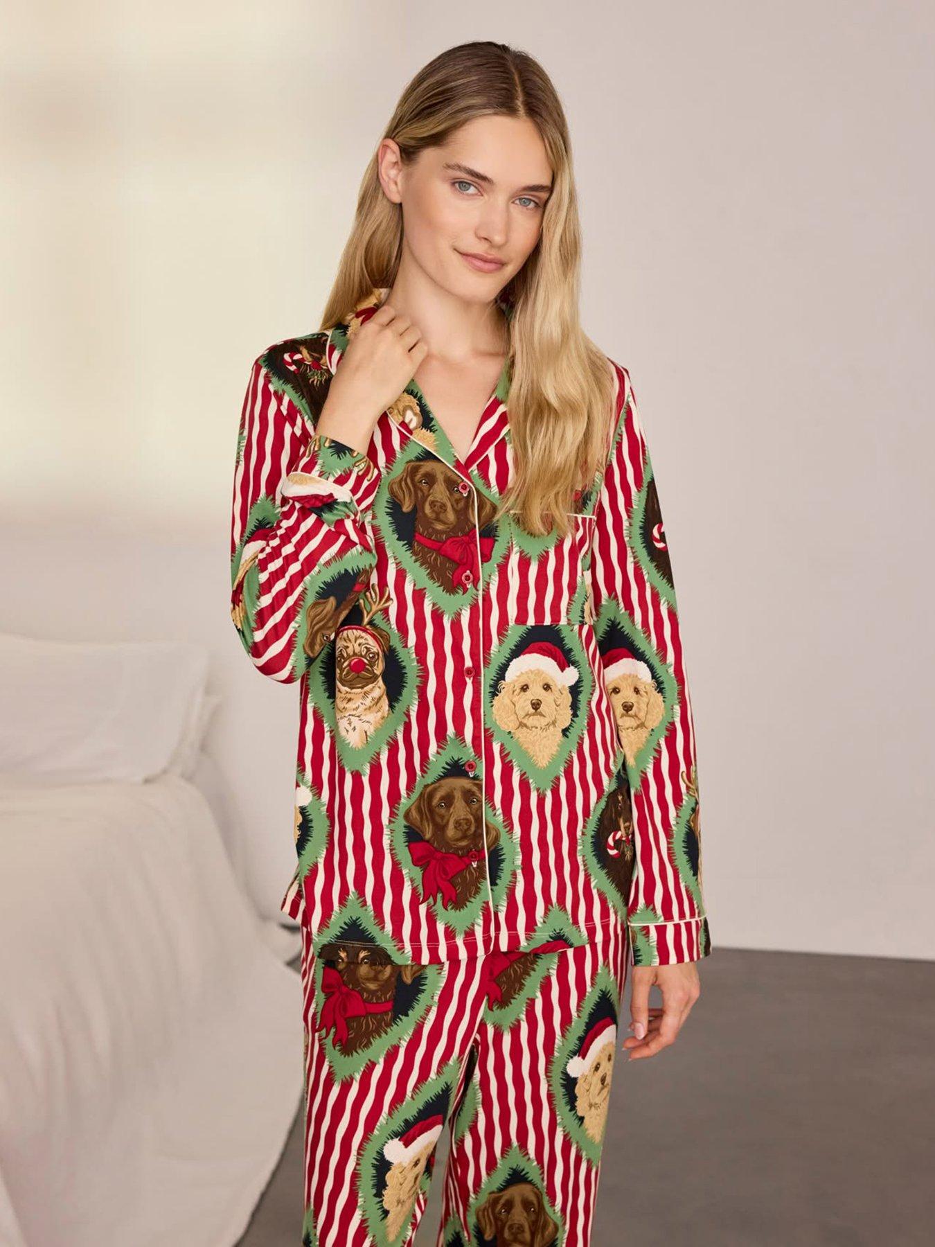 Image 4 of 6 of CHELSEA PEERS Womens Christmas Chip &amp; Friends Stripe Print Long Pyjama Set - Red