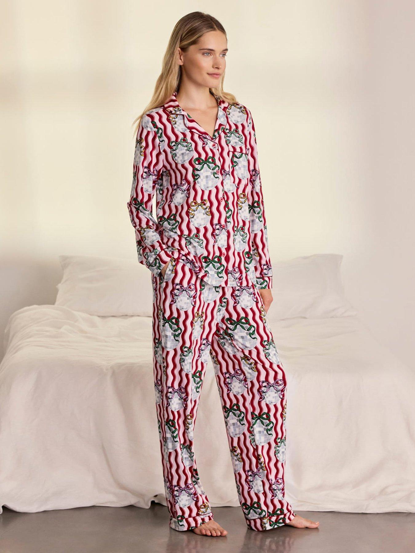 Image 1 of 7 of CHELSEA PEERS Womens Wavy Stripe Disco Ball Print Long Pyjama Set - Pink