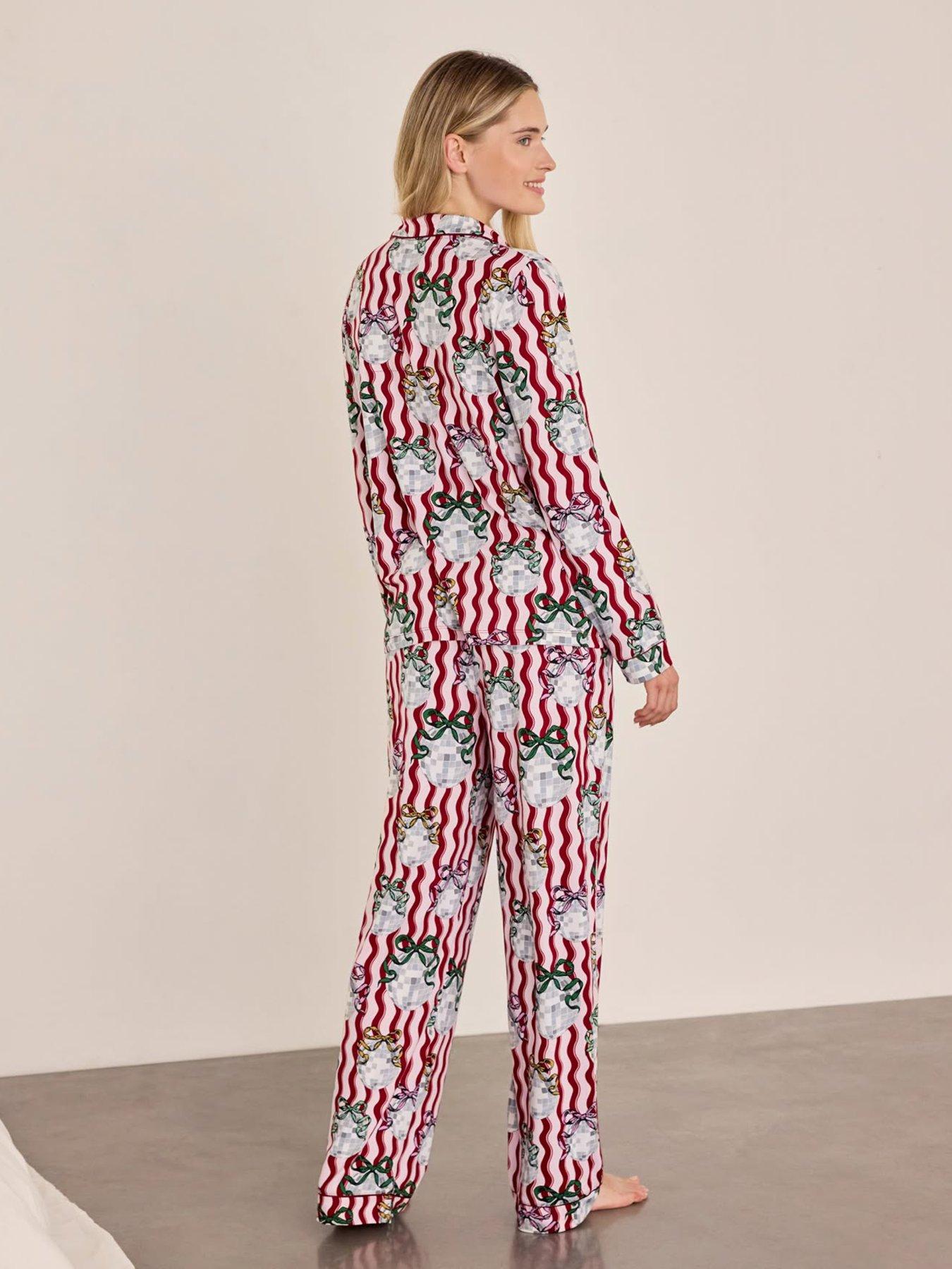 Image 2 of 7 of CHELSEA PEERS Womens Wavy Stripe Disco Ball Print Long Pyjama Set - Pink
