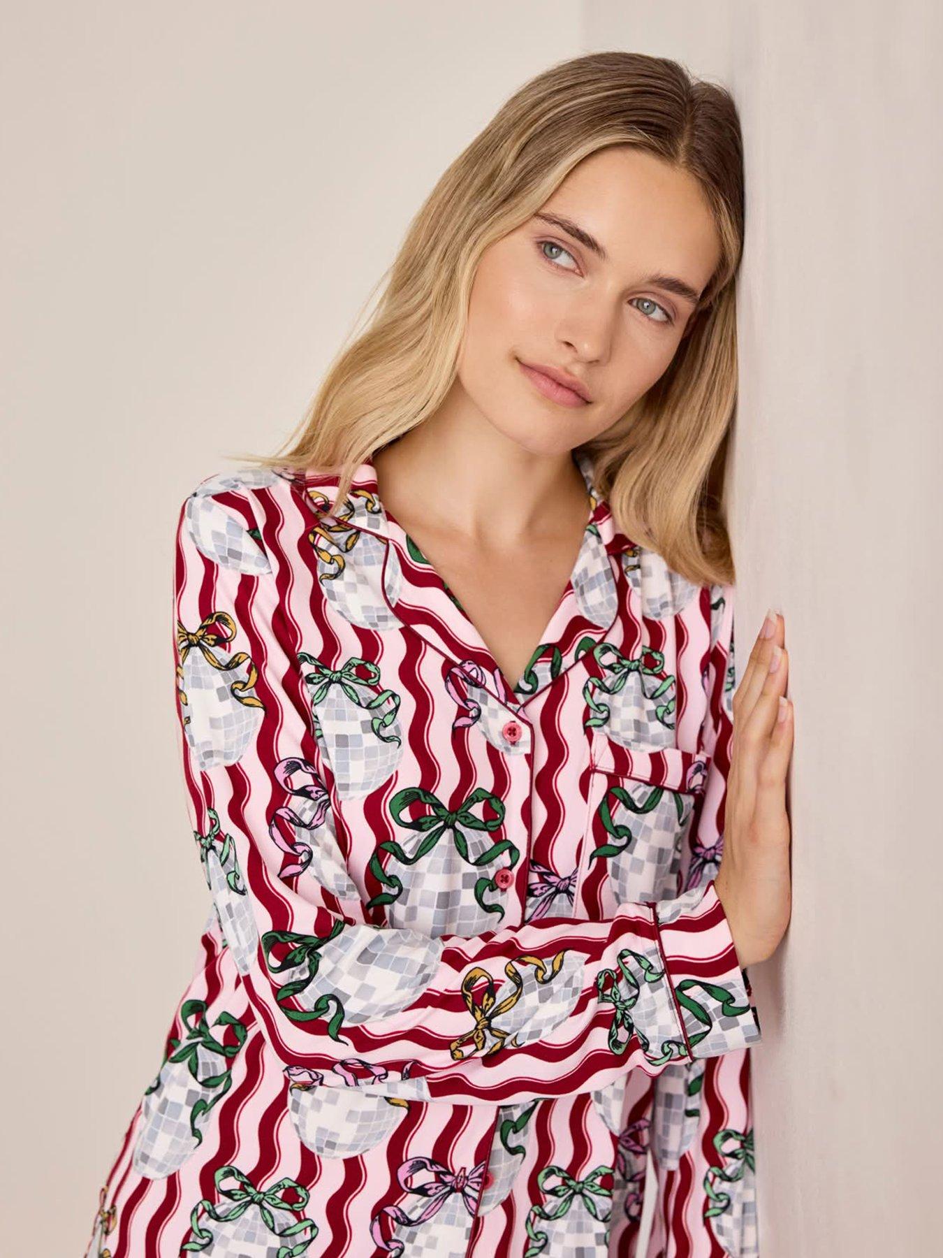 Image 6 of 7 of CHELSEA PEERS Womens Wavy Stripe Disco Ball Print Long Pyjama Set - Pink