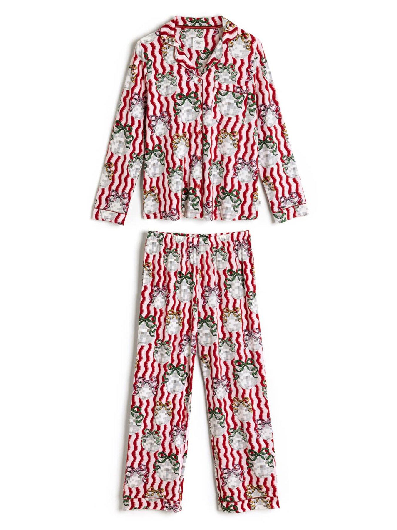 Image 7 of 7 of CHELSEA PEERS Womens Wavy Stripe Disco Ball Print Long Pyjama Set - Pink