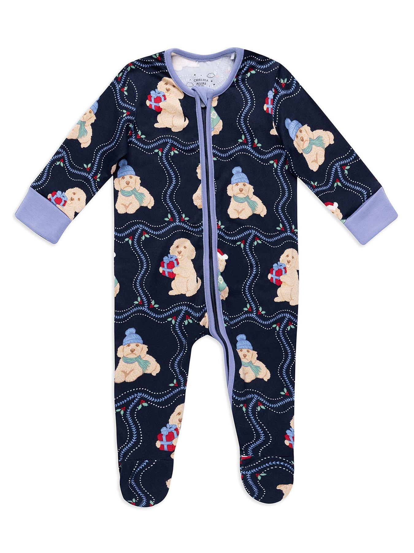 Image 1 of 3 of CHELSEA PEERS Chelsea Peers Baby Christmas Chip The Cockapoo Portraits Print Sleepsuit - Navy