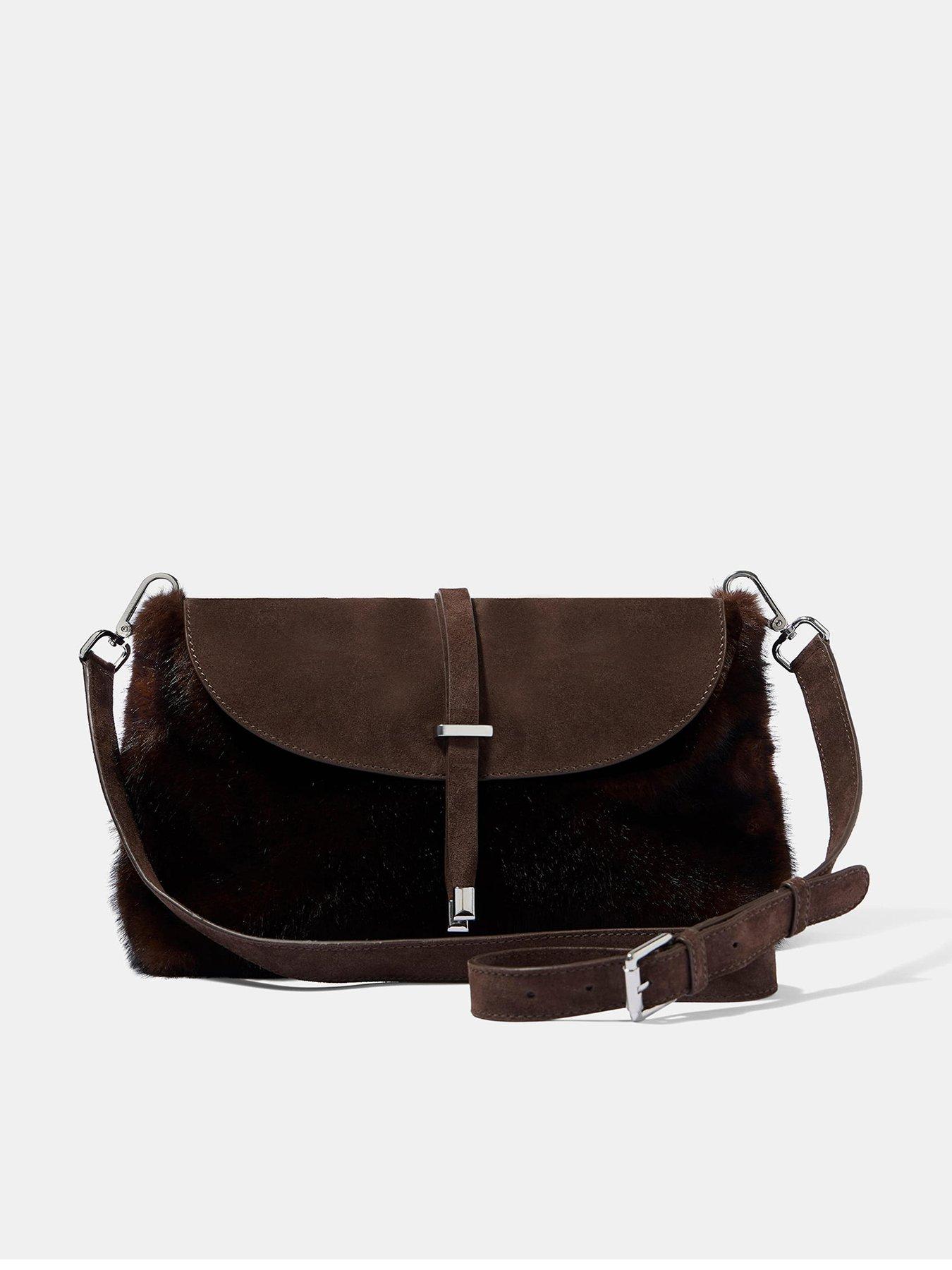 Image 1 of 4 of Mint Velvet Womens Faux Fur Flap Front Adjustable Strap Bag - Brown