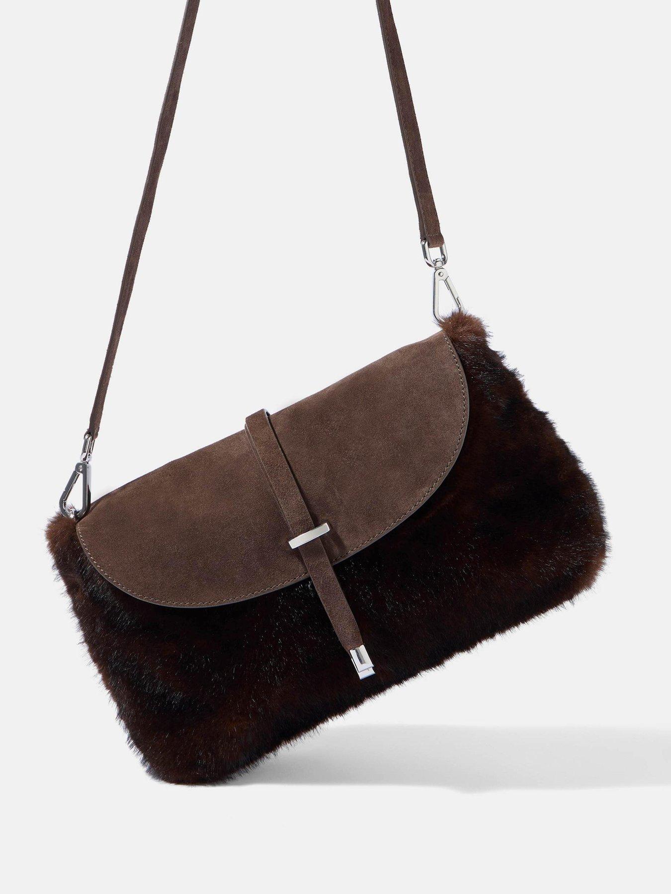 Image 4 of 4 of Mint Velvet Womens Faux Fur Flap Front Adjustable Strap Bag - Brown