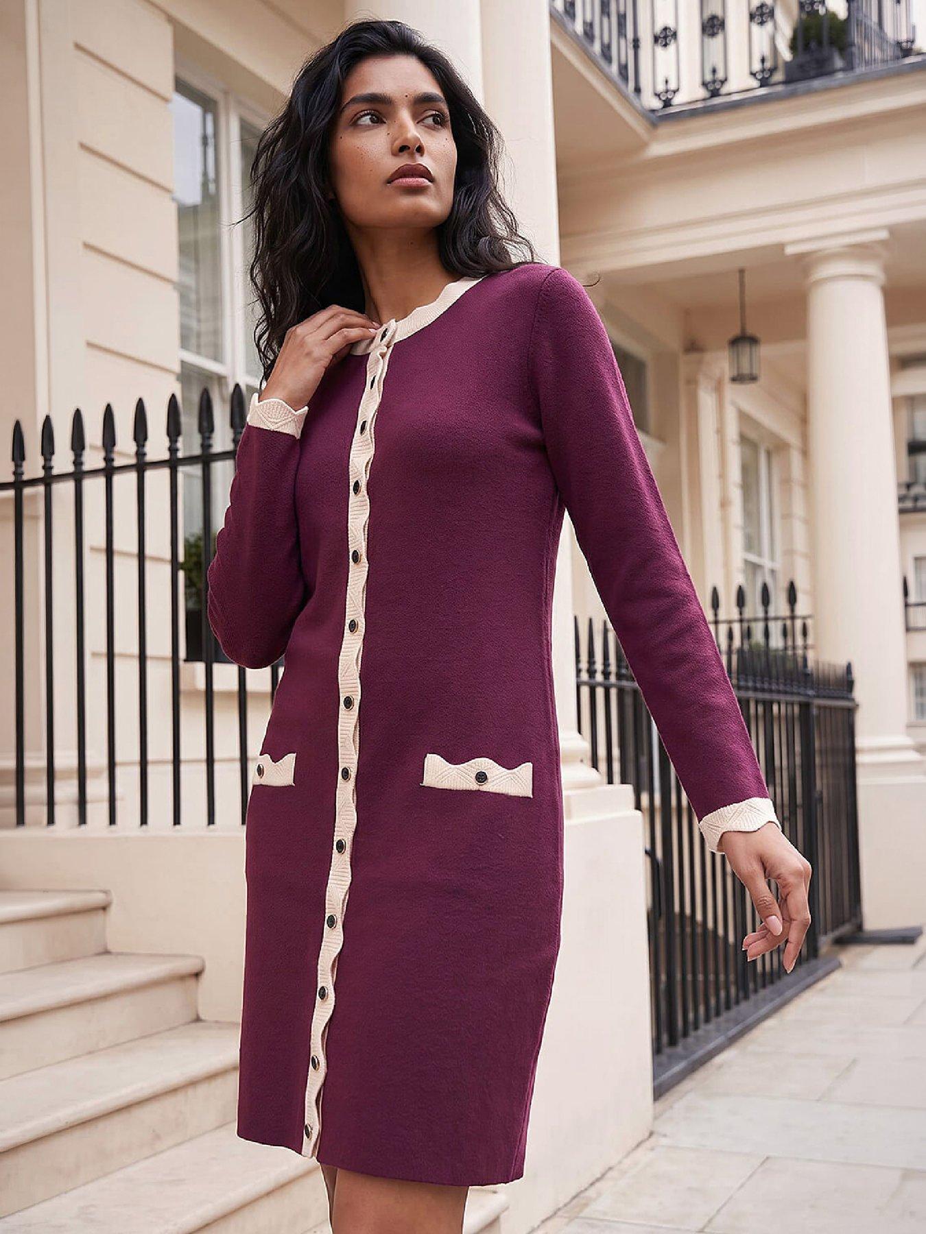 Image 1 of 4 of Roman Womens Scallop Trim Button-Through Knit Dress - Purple