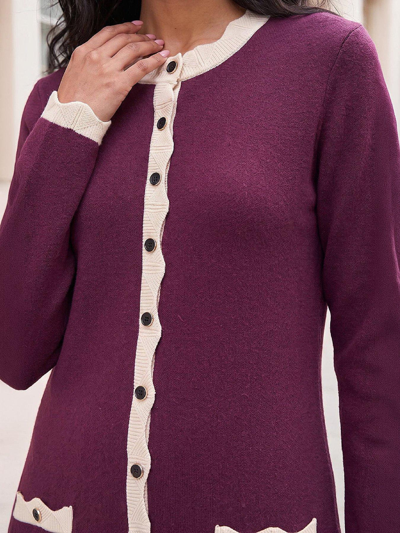 Image 2 of 4 of Roman Womens Scallop Trim Button-Through Knit Dress - Purple