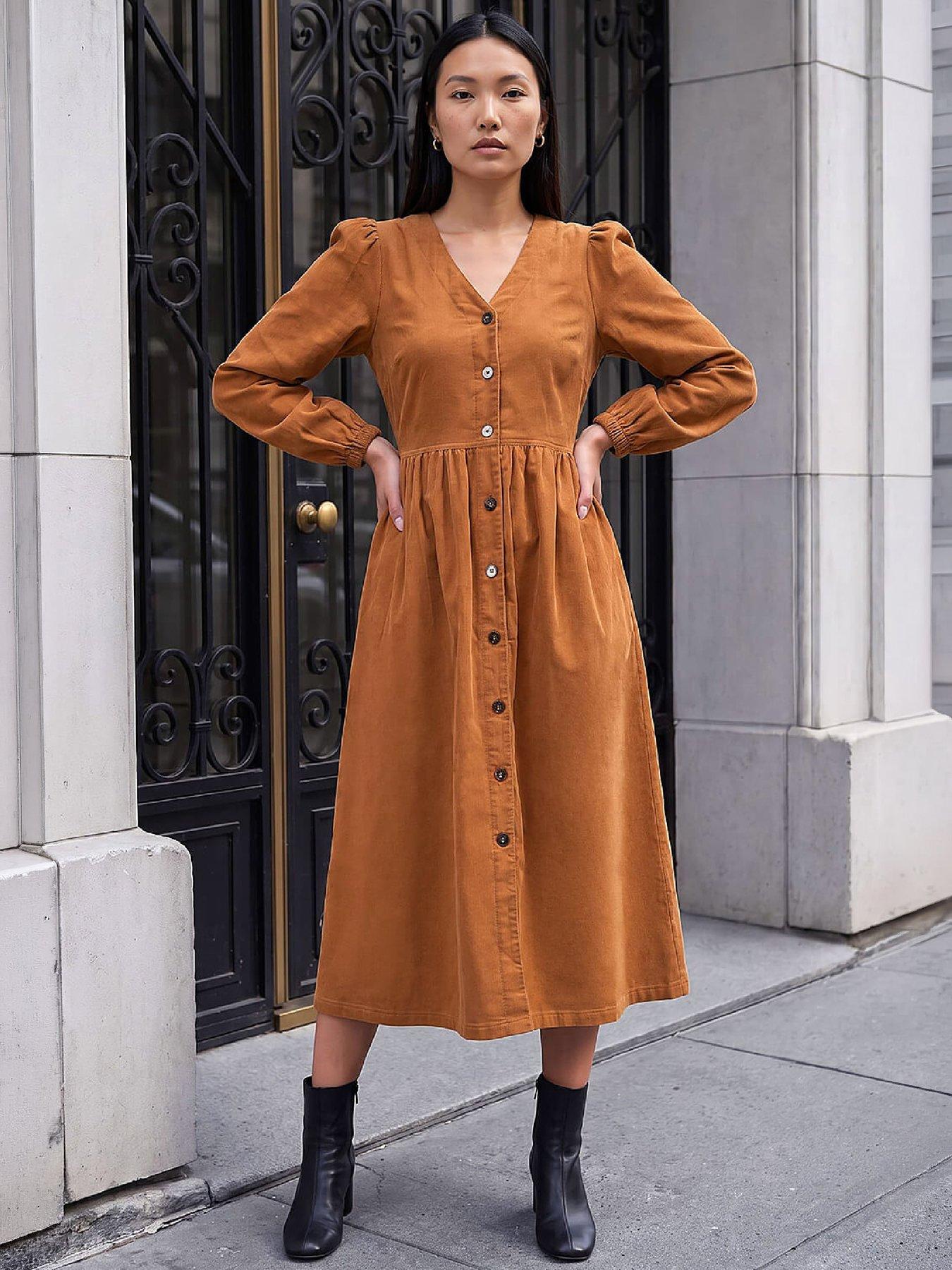 Image 1 of 4 of Roman Womens Button-Through Fit &amp; Flare Cord Dress - Amber