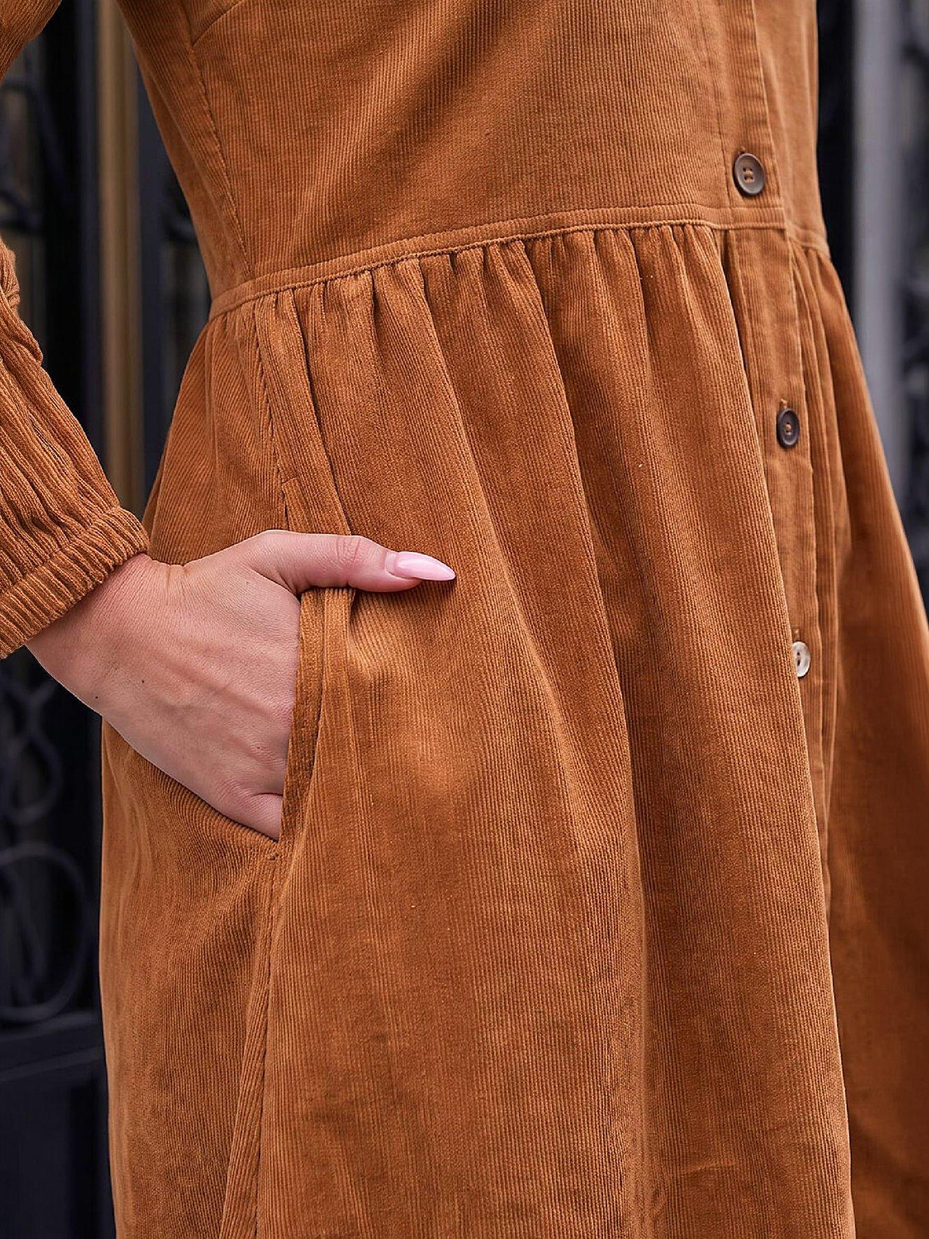 Image 2 of 4 of Roman Womens Button-Through Fit &amp; Flare Cord Dress - Amber