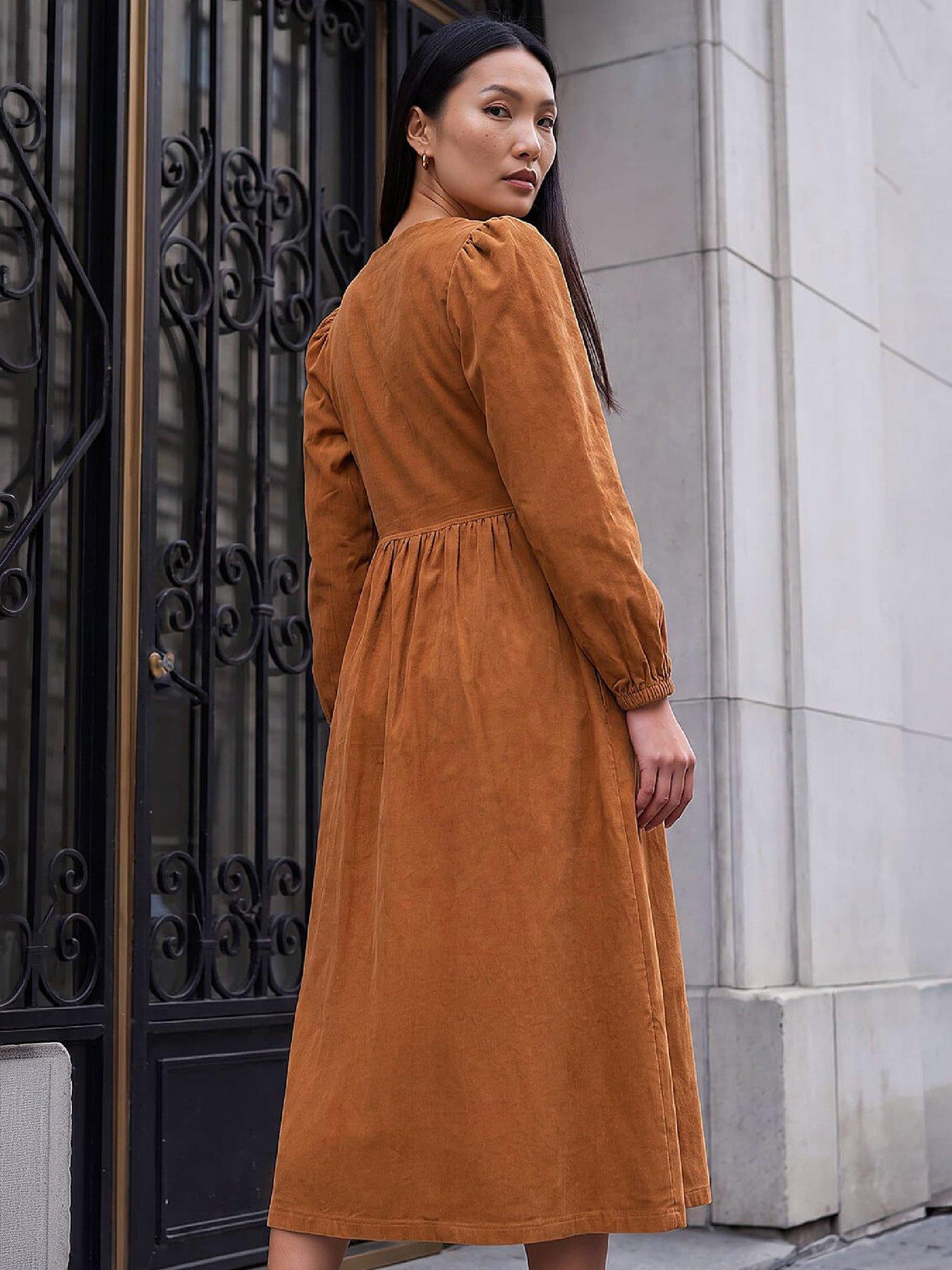 Image 3 of 4 of Roman Womens Button-Through Fit &amp; Flare Cord Dress - Amber
