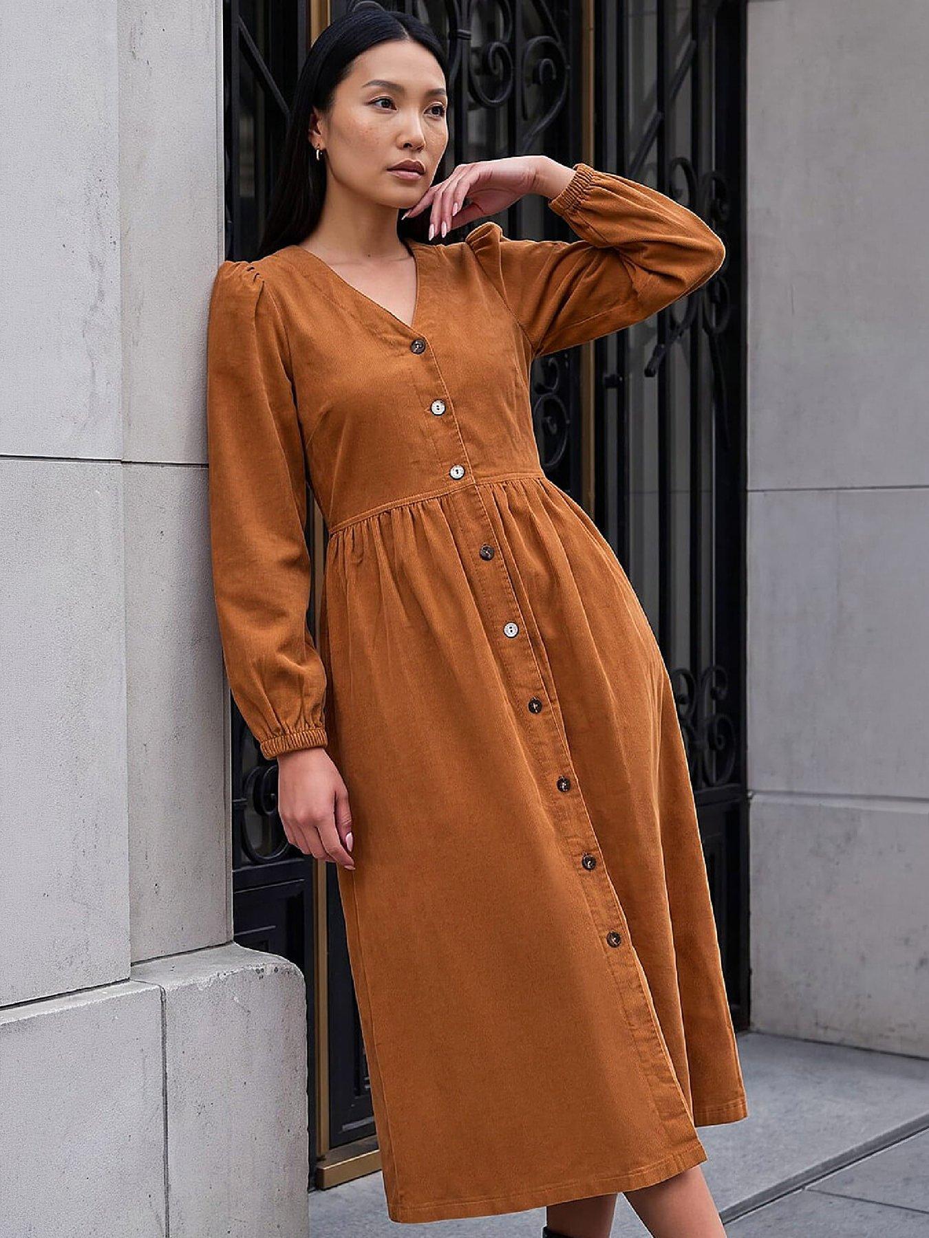 Image 4 of 4 of Roman Womens Button-Through Fit &amp; Flare Cord Dress - Amber