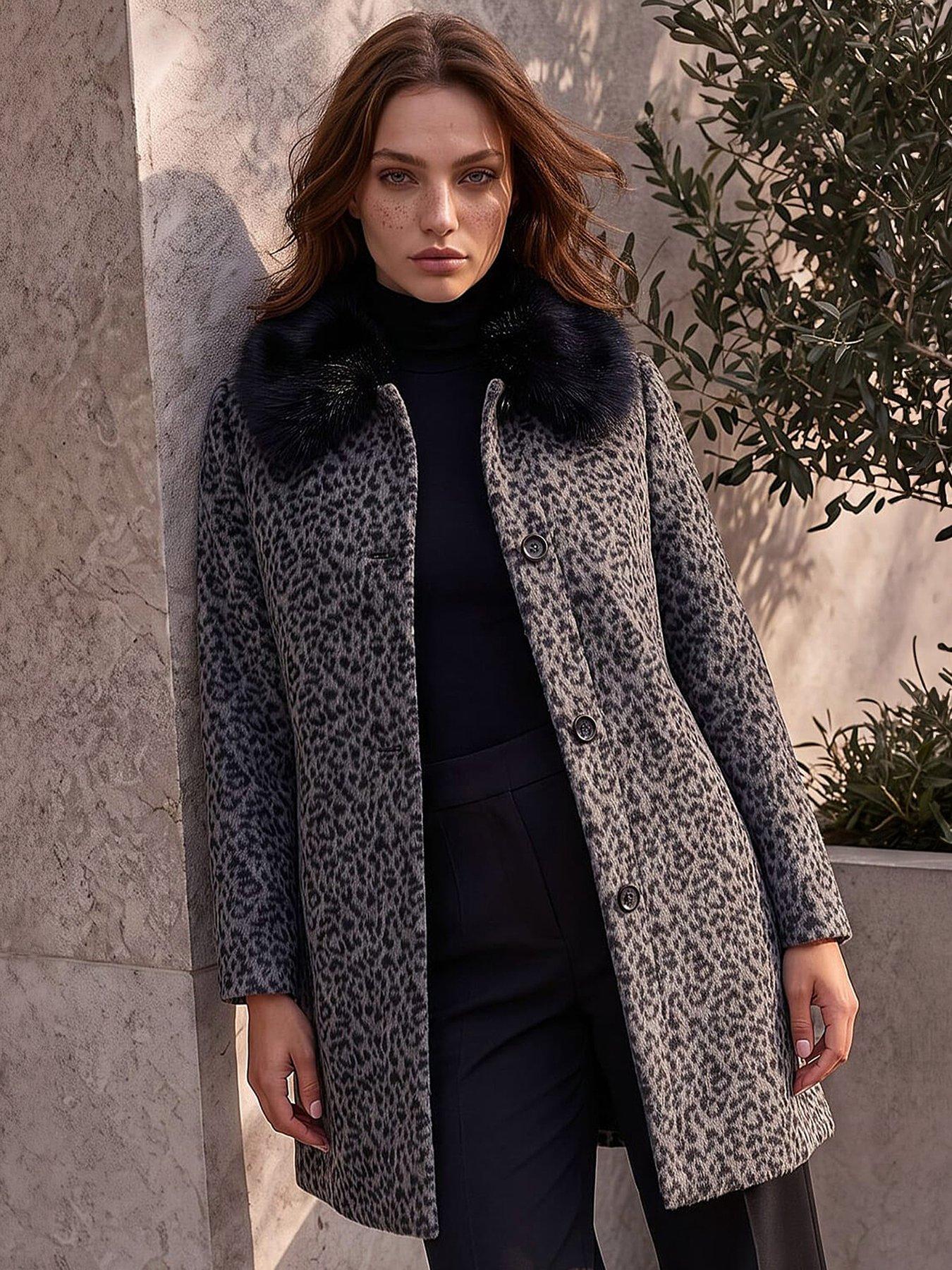 Image 1 of 3 of Roman Womens Petite Animal Jacquard Faux Fur Collar Coat - Grey