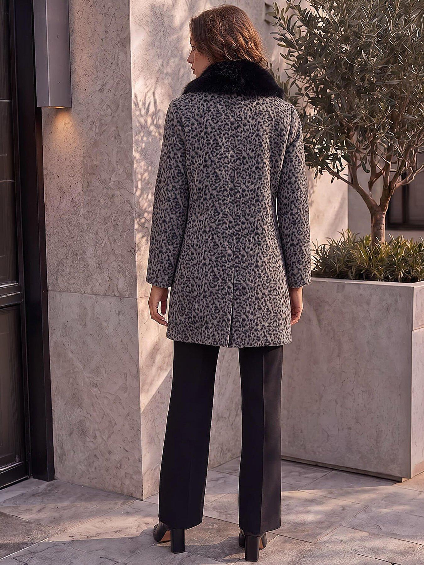 Image 2 of 3 of Roman Womens Petite Animal Jacquard Faux Fur Collar Coat - Grey