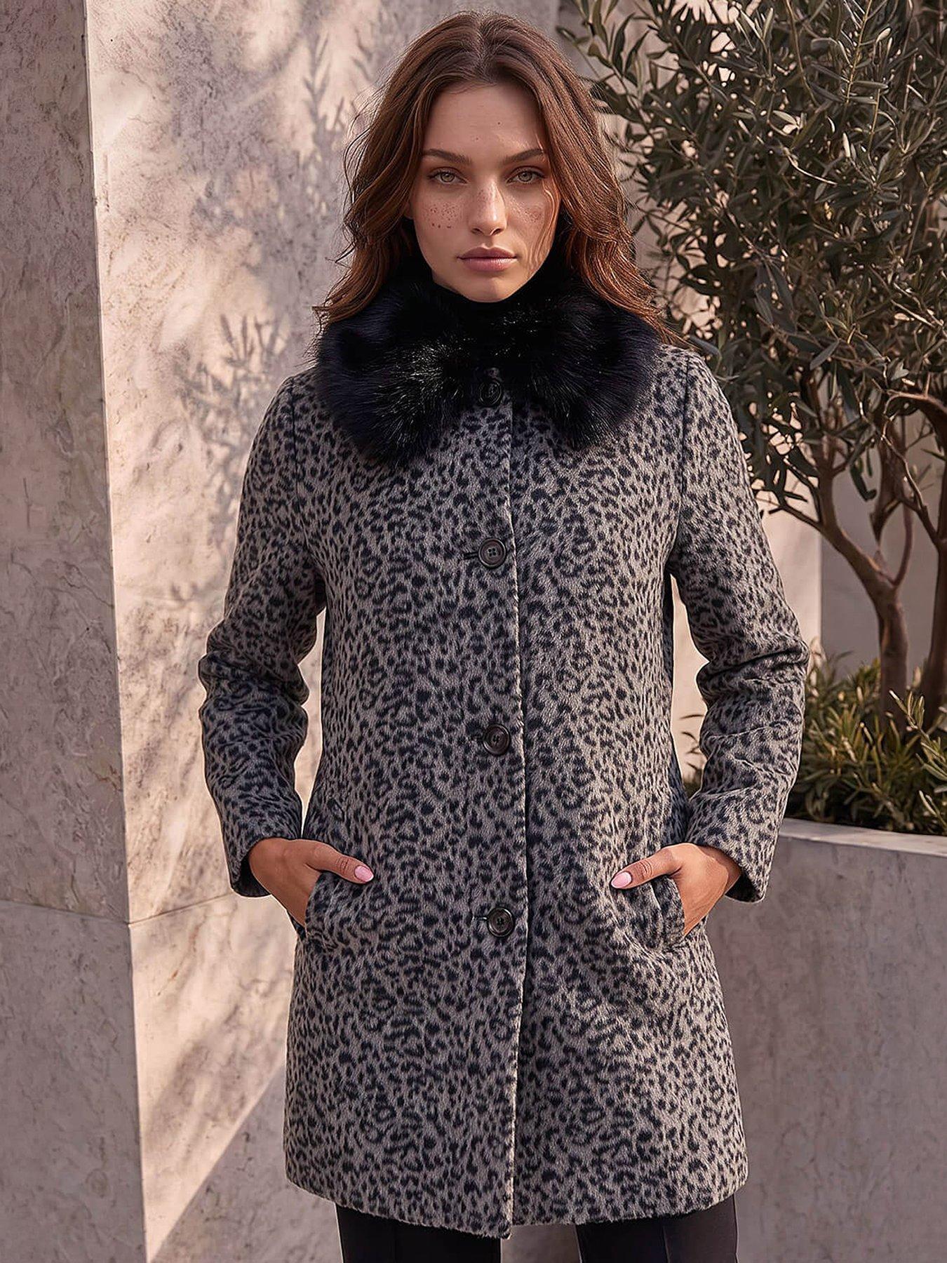Image 3 of 3 of Roman Womens Petite Animal Jacquard Faux Fur Collar Coat - Grey
