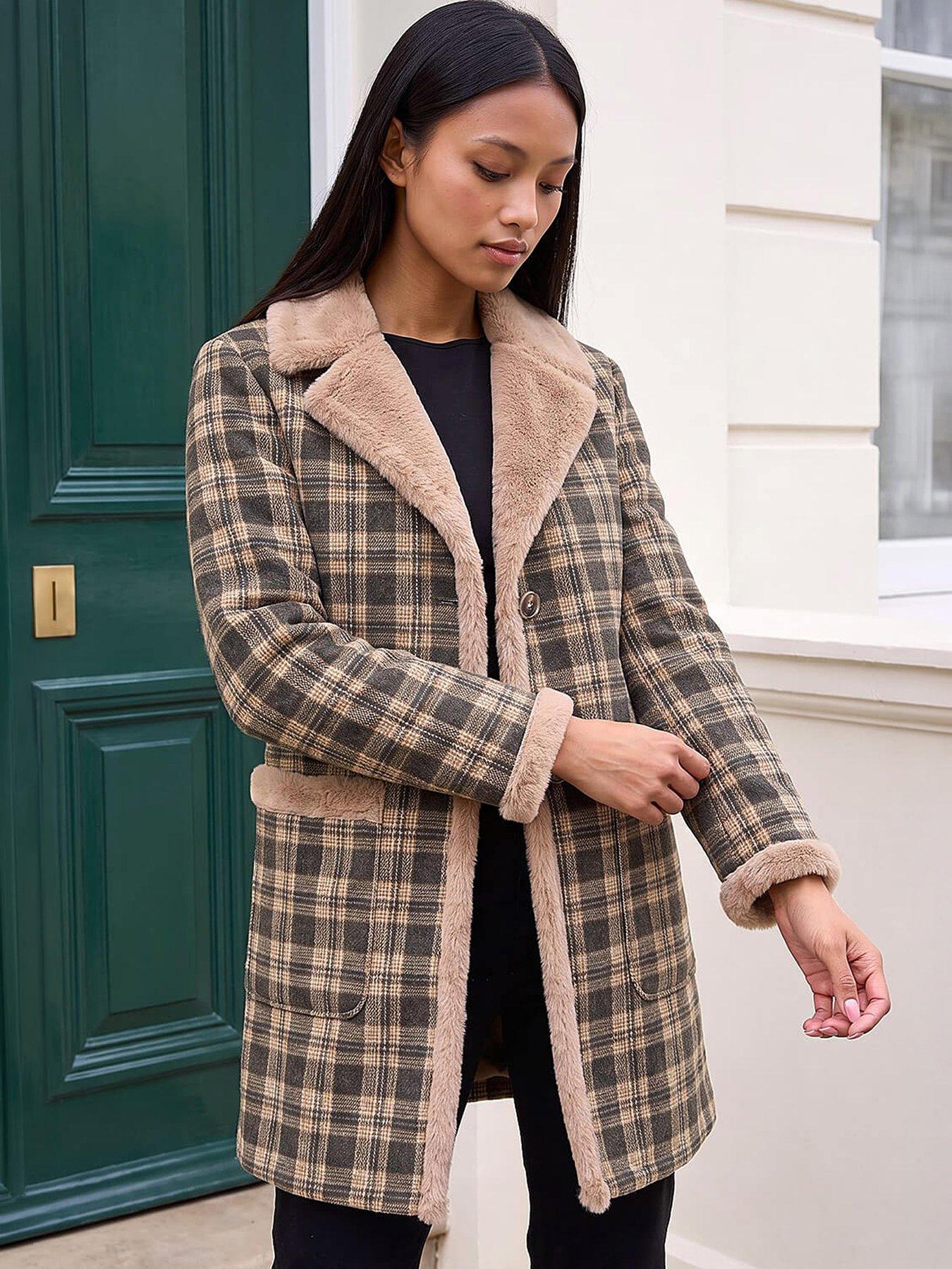 Image 1 of 3 of Roman Petite Check Fur Coat